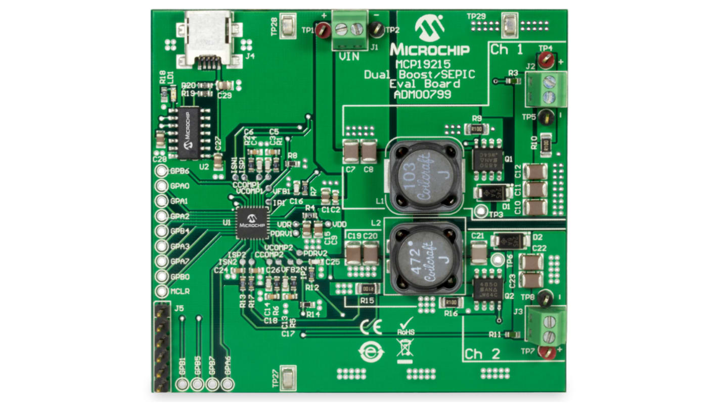 Placa de evaluación Controlador de impulso Microchip Dual Boost/SEPIC Evaluation Board - ADM00799