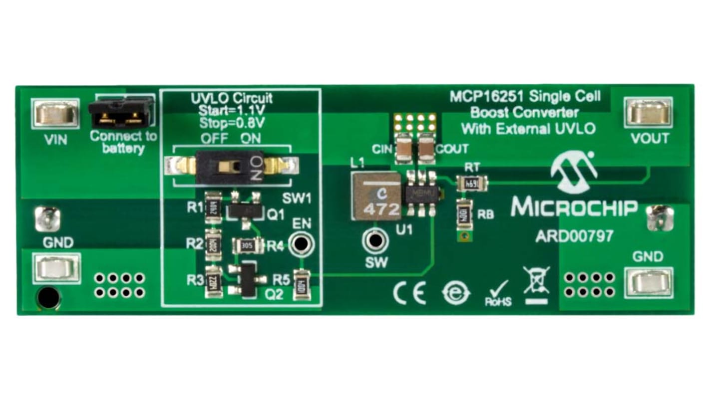 Placa de evaluación Convertidor de aumento Microchip Single Cell Boost Converter - ARD00797