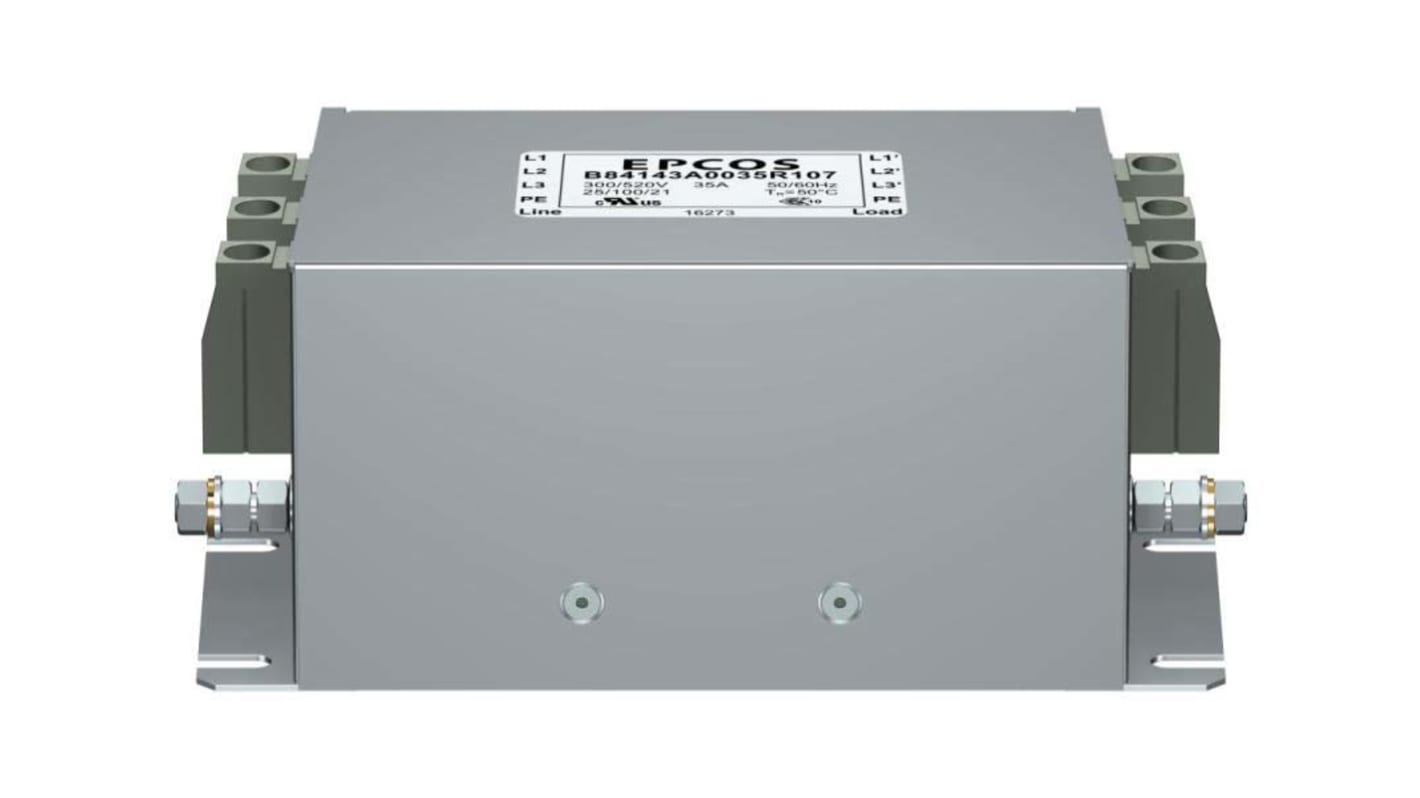 EPCOS EMC-szűrő 10A, 520 V AC, 50 → 60Hz, Panelre szerelhető, lezárás: Csavar 3,1 mA, B84143A*R107 sorozat 5.5mΩ