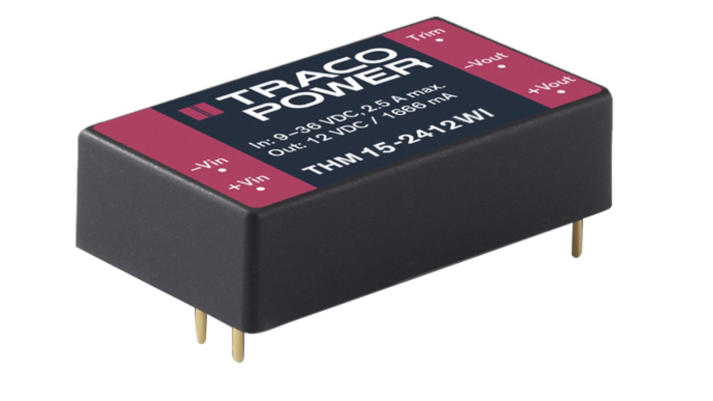 TRACOPOWER THM 15WI DC-DC Converter, 5V dc/ 3A Output, 9 → 36 V dc Input, 15W, Through Hole, +85°C Max Temp