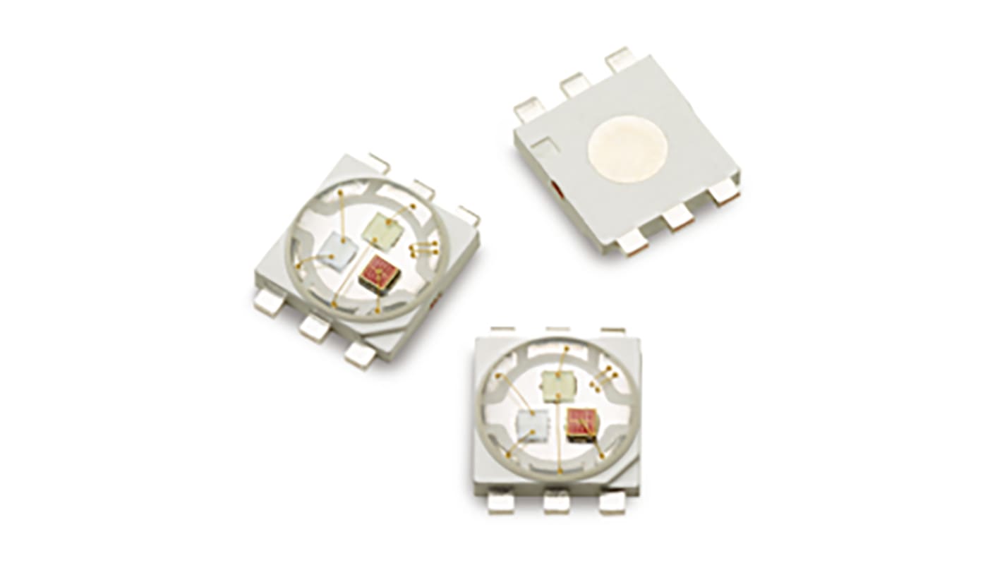 Broadcom LED, 6 tüskés, felületre szerelhető, 3 LED, RGB, 455 → 460 (kék) nm, 525 → 535 (zöld) nm, 620