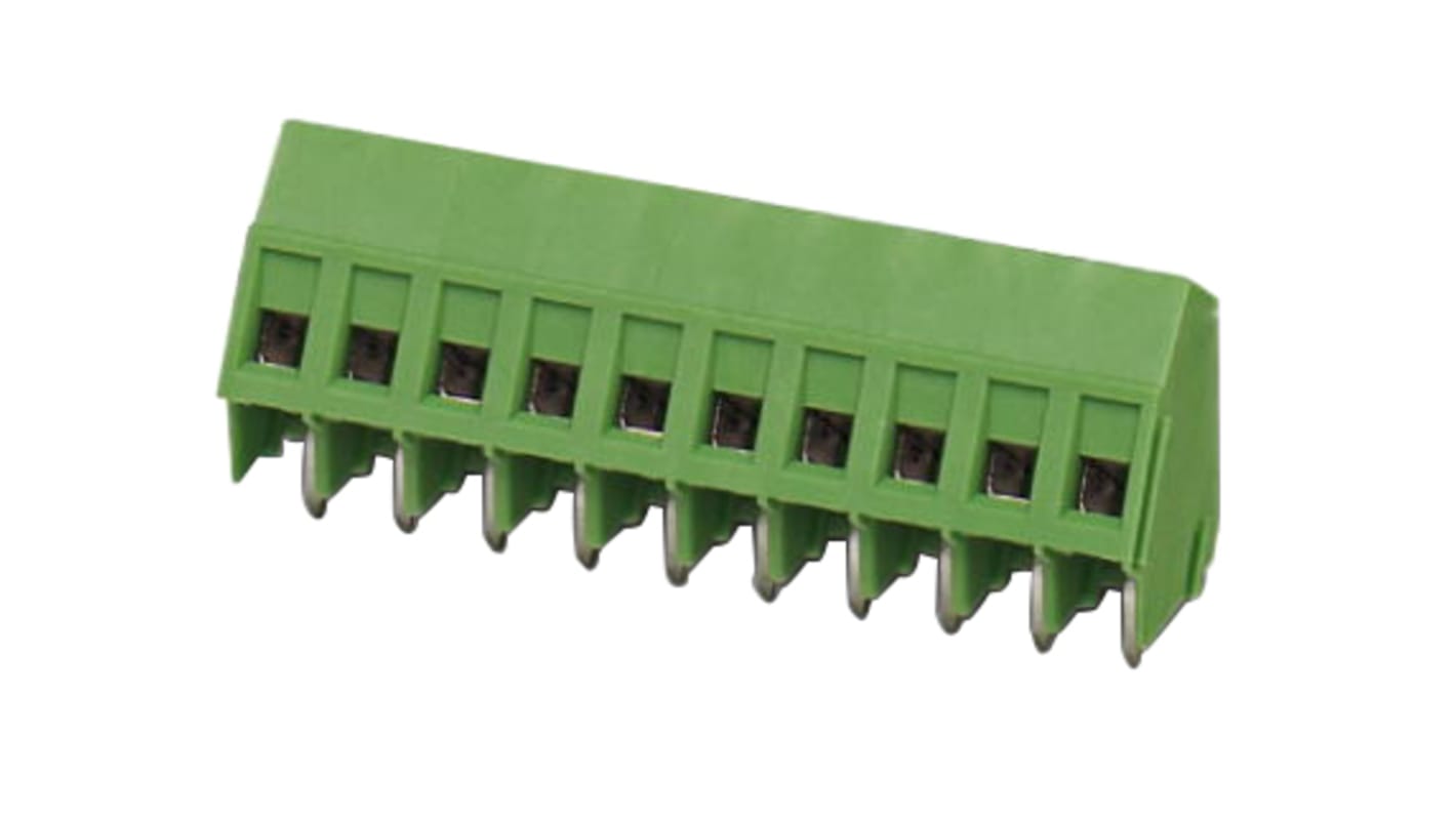 Borne para PCB Macho Ángulo de 90° Phoenix Contact de 6 vías , paso 5.08mm, 22A, de color Verde, montaje Montaje en