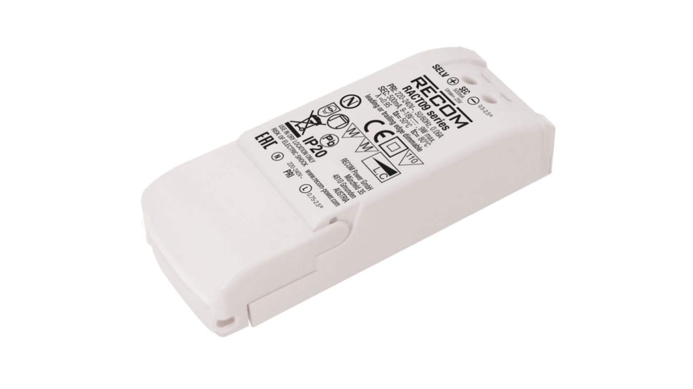 Driver LED corriente constante Recom RACT09 de salidas, IN: 198 → 264 V CA, OUT: 7 → 13V dc, 700mA, 9W,