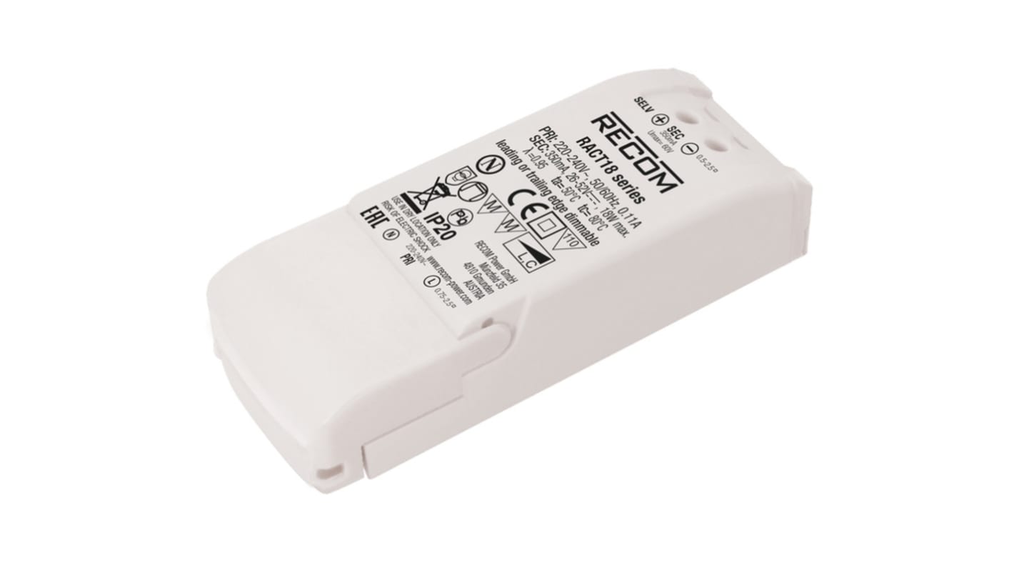 Driver LED Recom, 18W, IN 198 → 264V ca, OUT 26 → 52V, 350mA