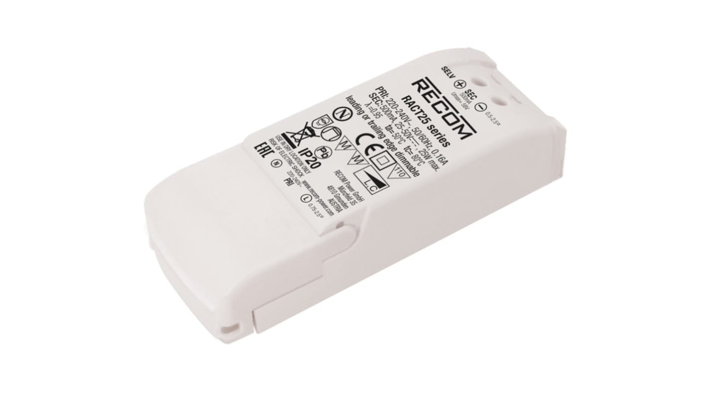 Driver LED corriente constante Recom RACT25 de salidas, IN: 198 → 264 V CA, OUT: 12 → 24V dc, 1.05A, 25W,