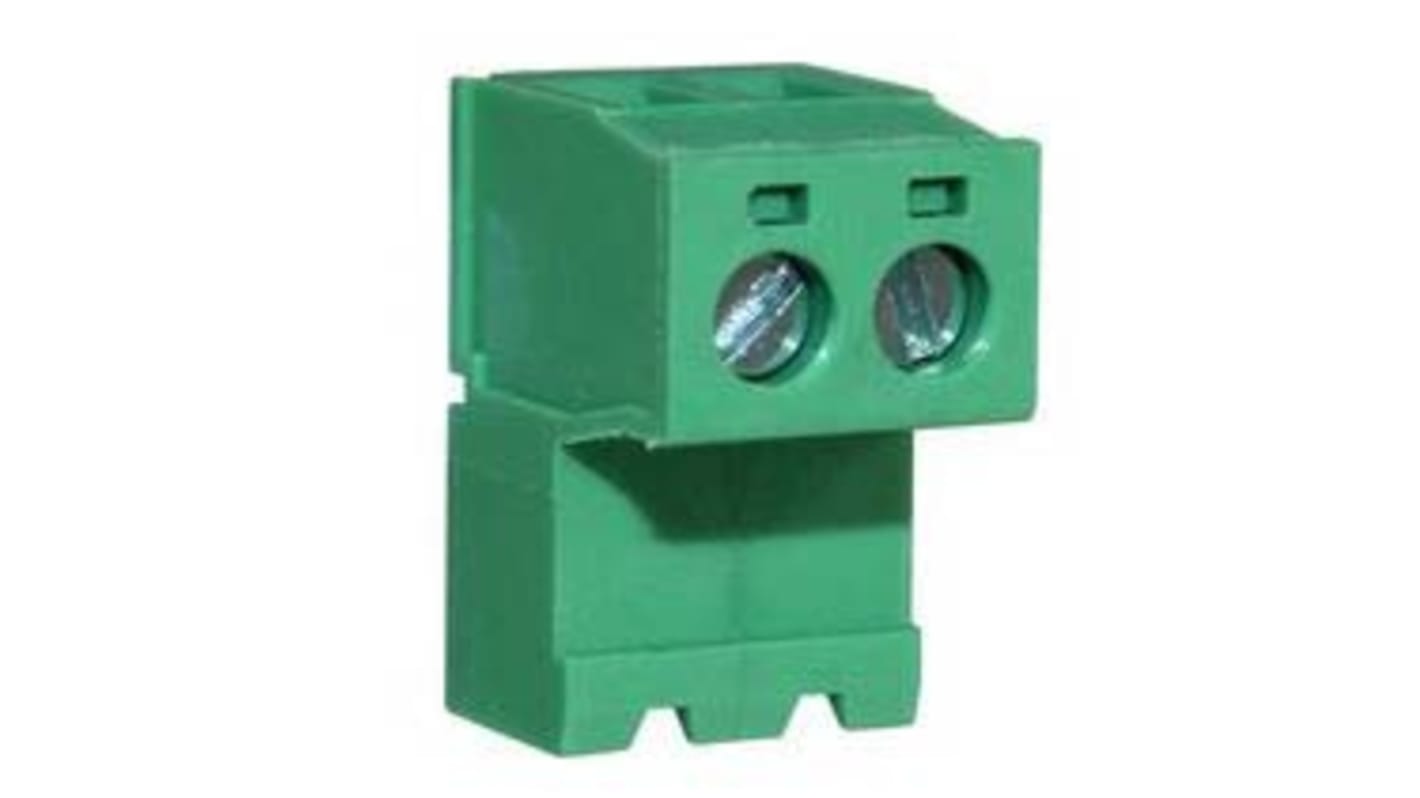 Borne enchufable para PCB Macho a 90° RS PRO de 2 vías, paso 5.08mm, 15A, de color Verde, montaje Montaje en orificio