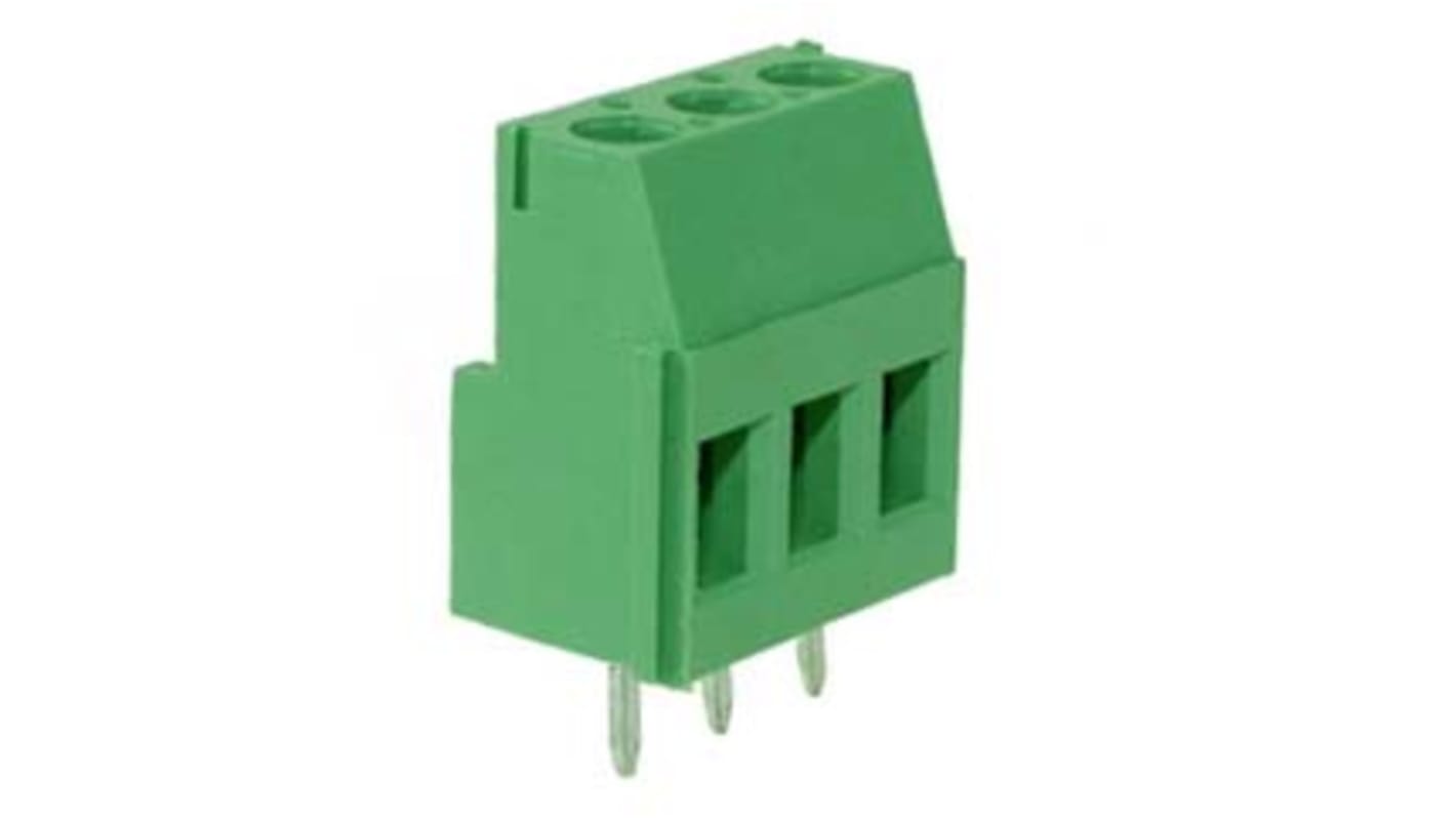 Borne para PCB Macho RS PRO de 3 vías , paso 5.08mm, 20A, de color Verde, montaje Montaje en orificio pasante,