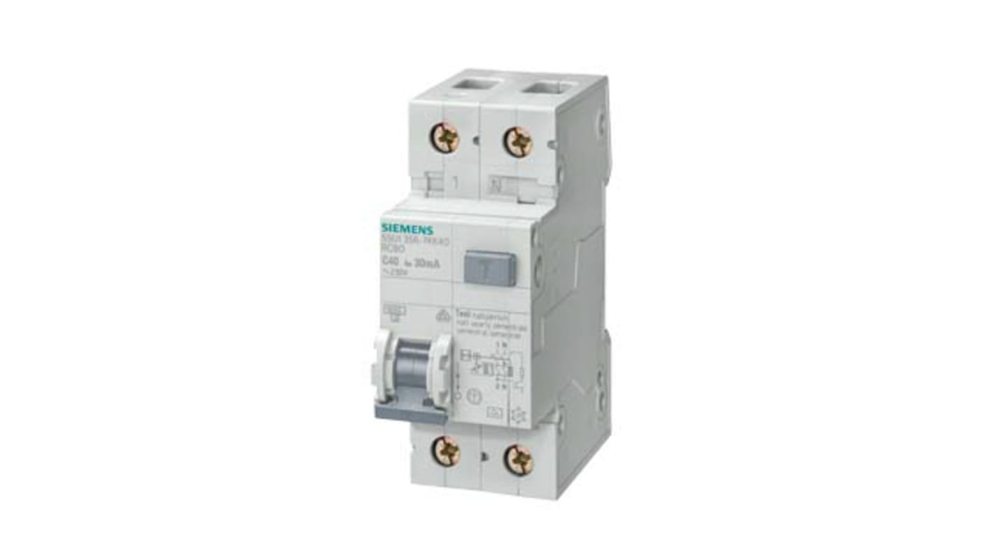 Siemens RCBO Sentron 5SU1 FI/LS-Schalter 10A, 2-polig, Empfindlichkeit 30mA, DIN-Schienen-Montage