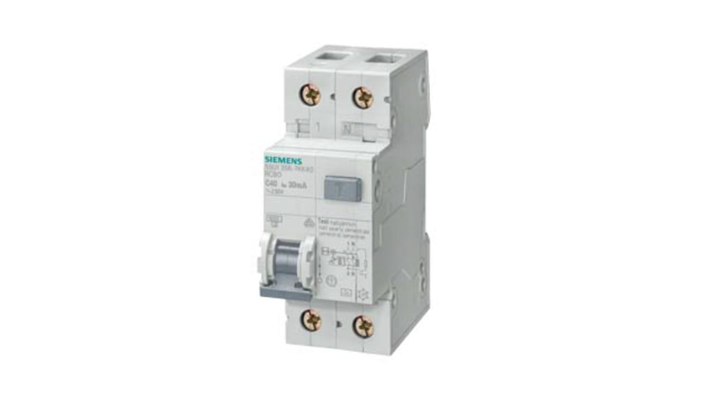 Siemens RCBO Sentron 5SU1 FI/LS-Schalter 40A, 2-polig, Empfindlichkeit 30mA, DIN-Schienen-Montage