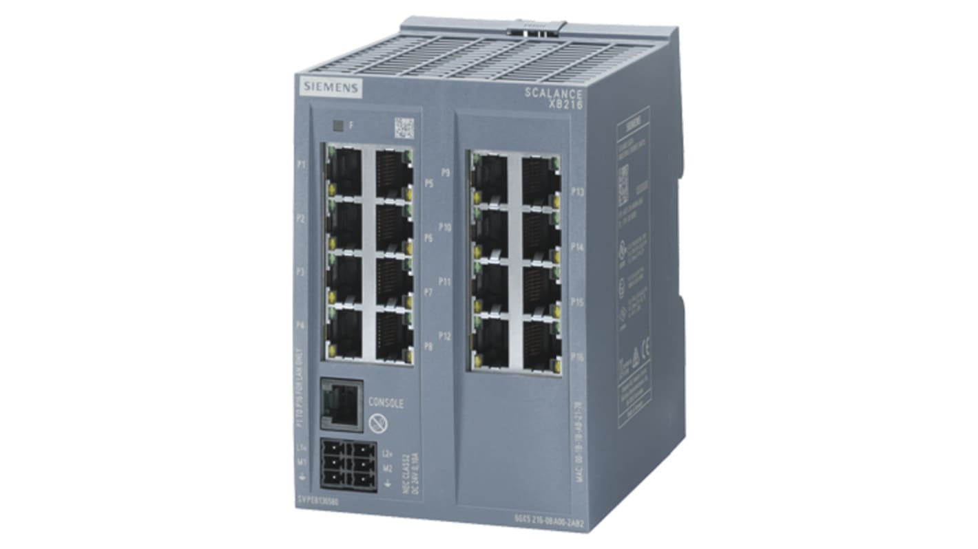 Siemens XB216 Series DIN Rail Mount Ethernet Switch, 16 RJ45 Ports, 10/100Mbit/s Transmission, 24V dc