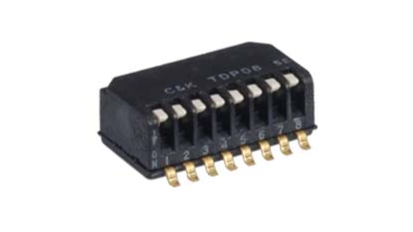 Interruptor Dip Piano, SPST, Montaje superficial, Actuador Enrasado, Piano, Rebajada, 25 mA a 24 V dc, 8 vías, -40