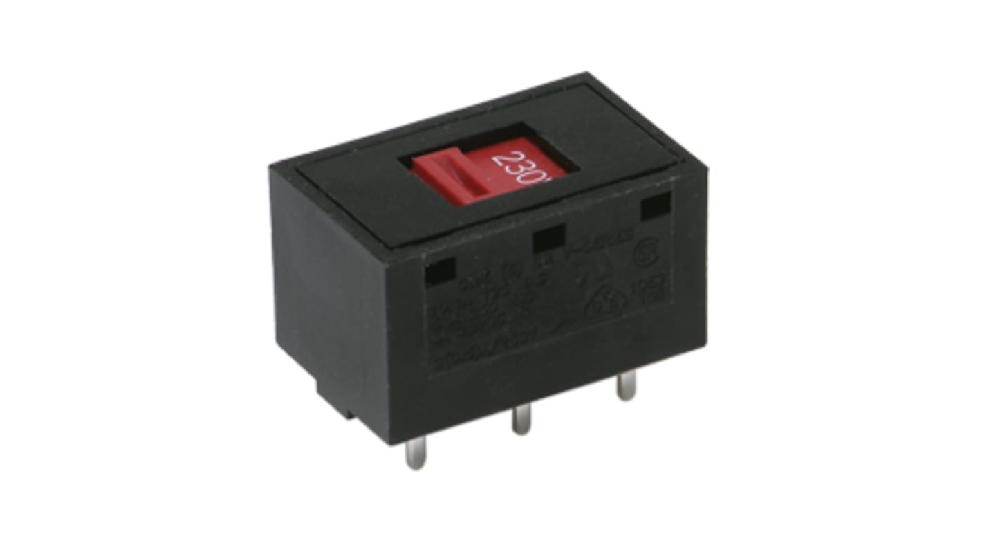 Interruptor de actuador deslizante DPDT, Enclavamiento, 10 A a 125 V ac, 4 A a 30 V dc, Punta plana, Montaje en PCB