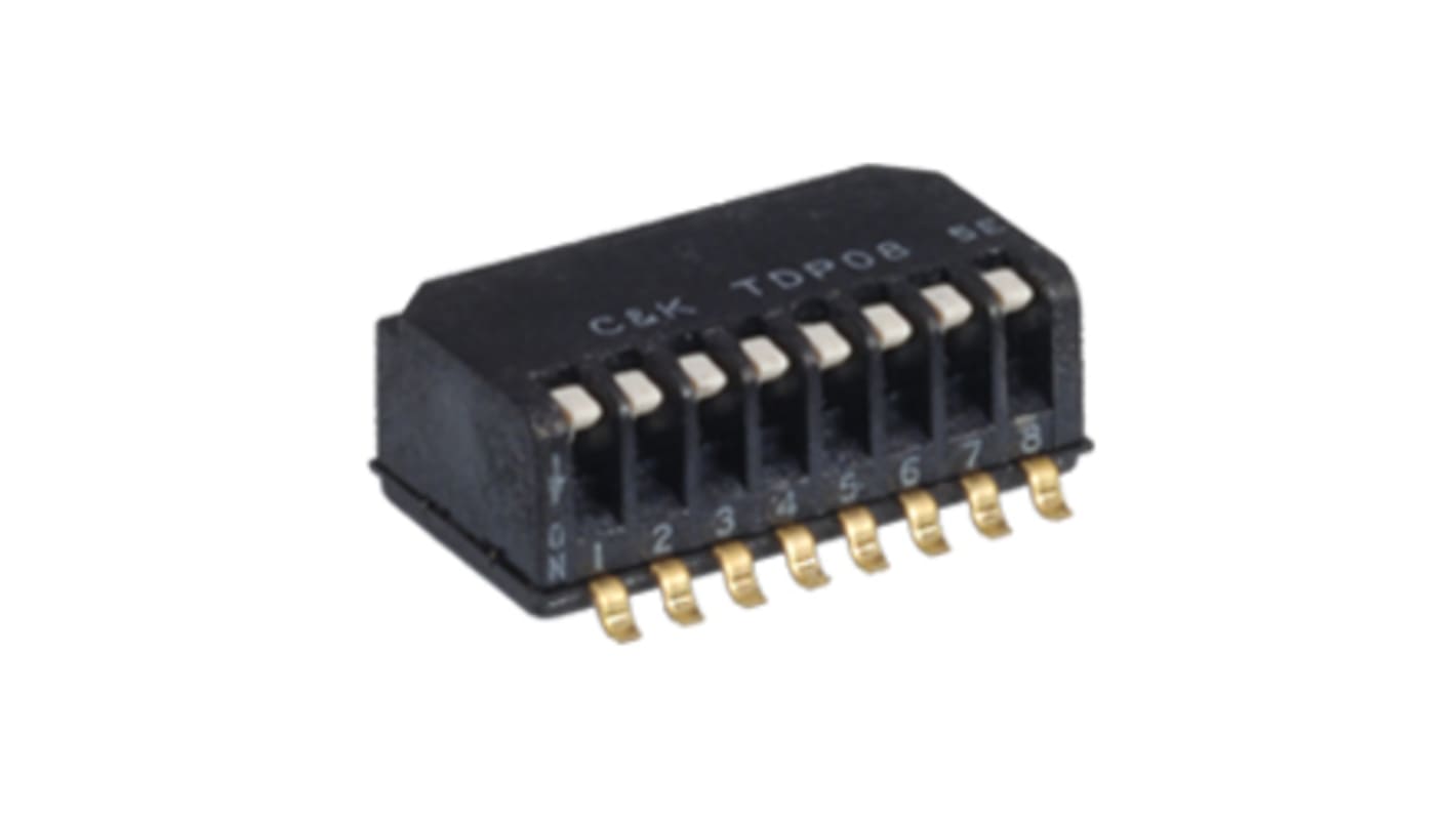 Interruptor Dip Piano, SPST, Montaje superficial, Actuador Piano, elevado, 25 mA a 24 V dc, 8 vías, -40 → +85°C