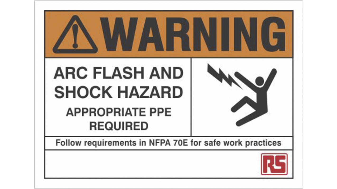 RS PRO 危険警告ラベル Warning - Arc Flash and Shock Hazard - Appropriate PPE Required - Follow Requirements in NFPA 70E for