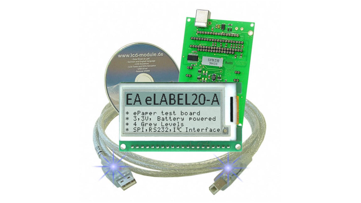 Display Visions EA EVALEPA20, eLABEL 2in E-Ink Display Development Kit With EA 9780-3USB, EA eLABEL20-A