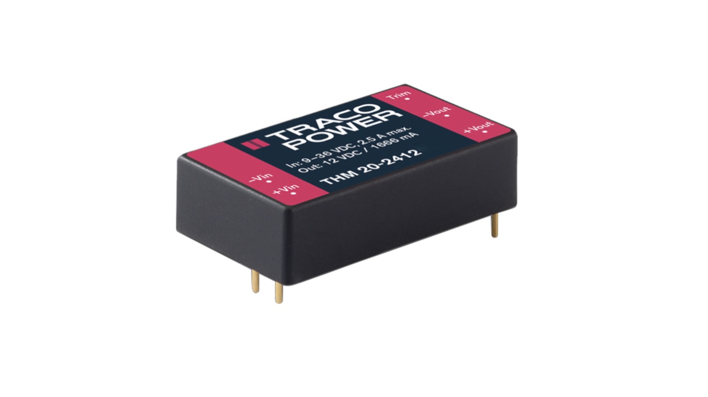 TRACOPOWER THM 20 DC-DC Converter, 12V dc/ 1.67A Output, 9 → 18 V dc Input, 20W, Through Hole, +80°C Max Temp