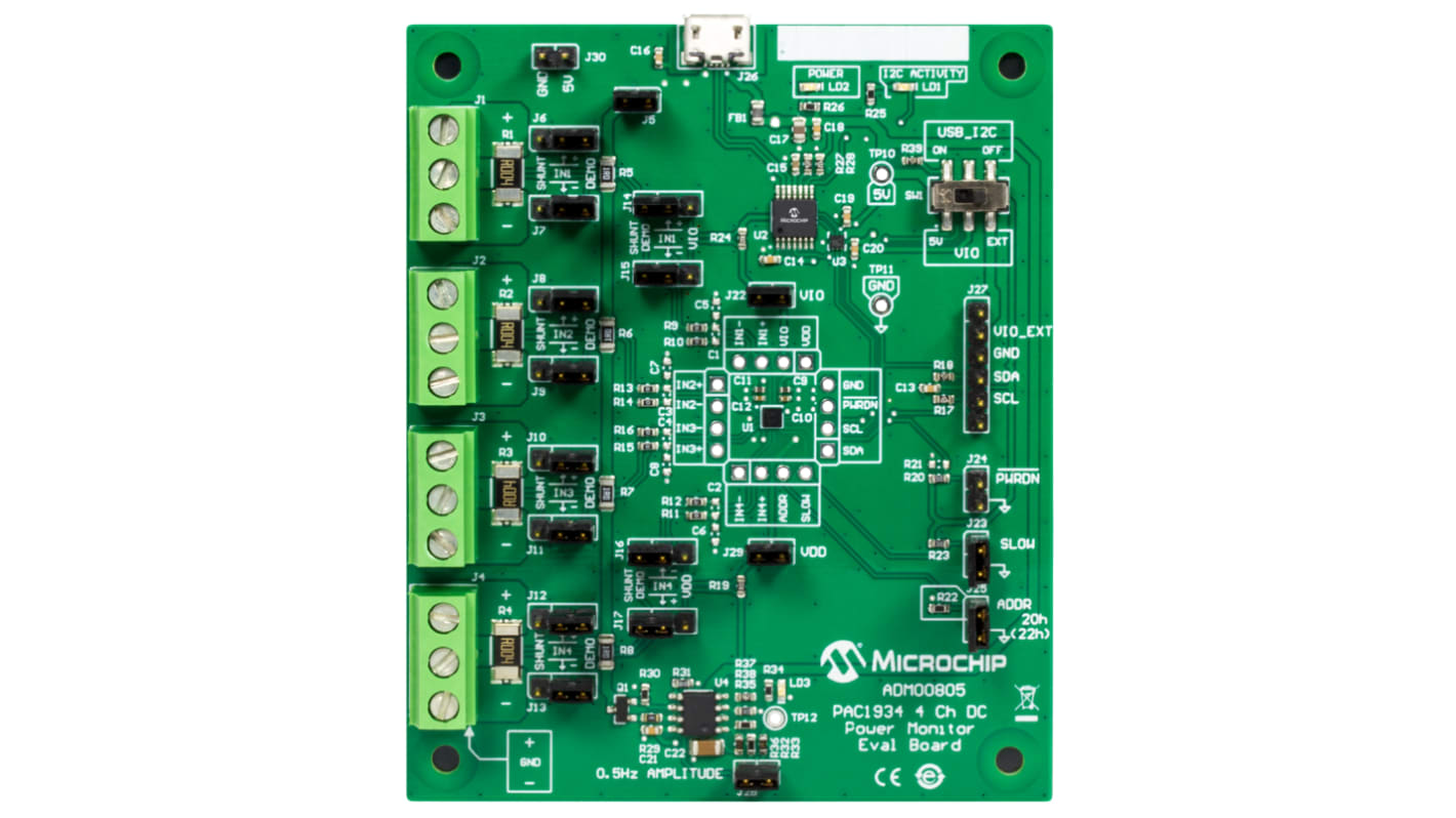 Microchip 4 Channel DC Power Monitor Evaluation Board Energy Metering, Power Monitoring for PAC1934 for USB or I2C