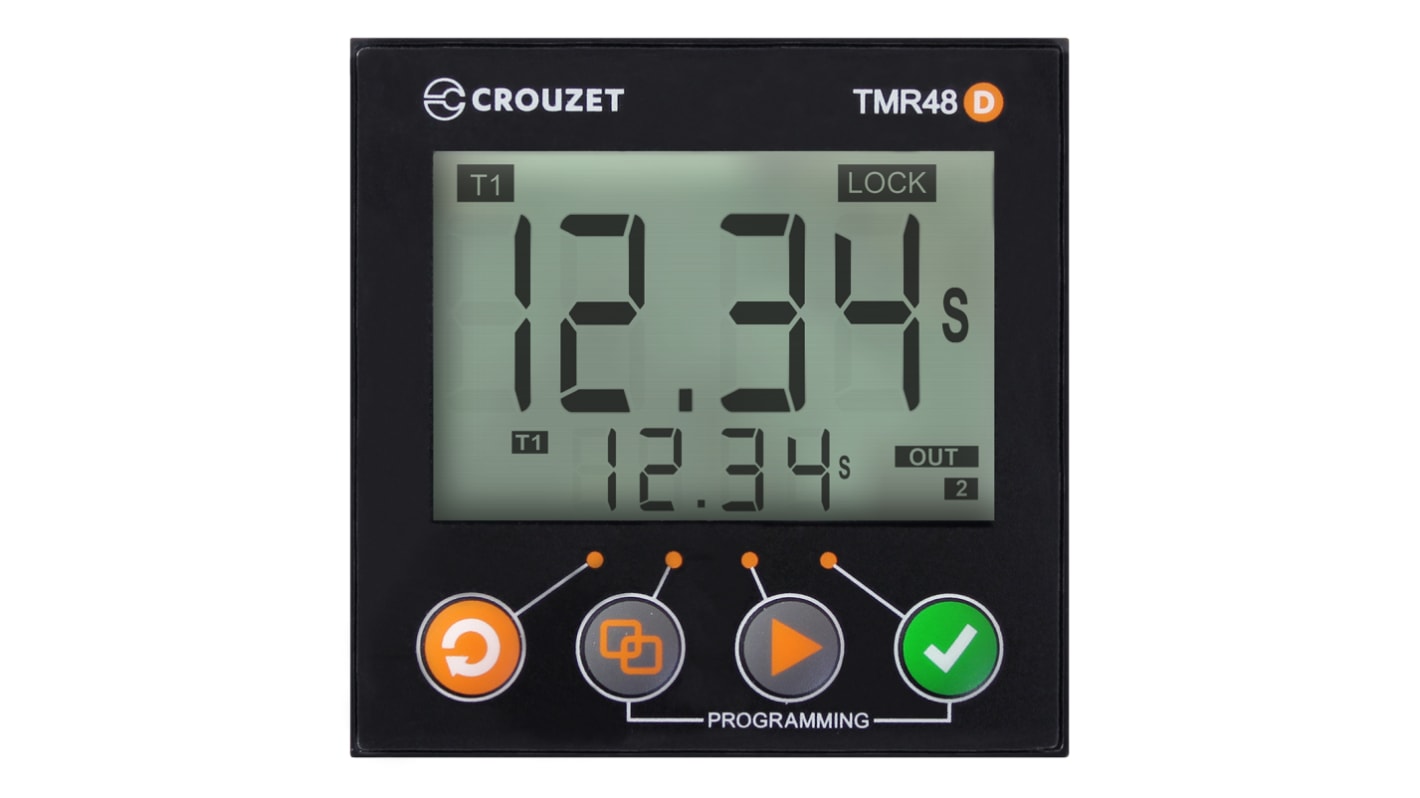 Timer Relay Montaż na panelu 100 → 240V ac/dc SPDT 1-stykowy Crouzet SPDT 0.001 → 9.999 s, 0.01 →