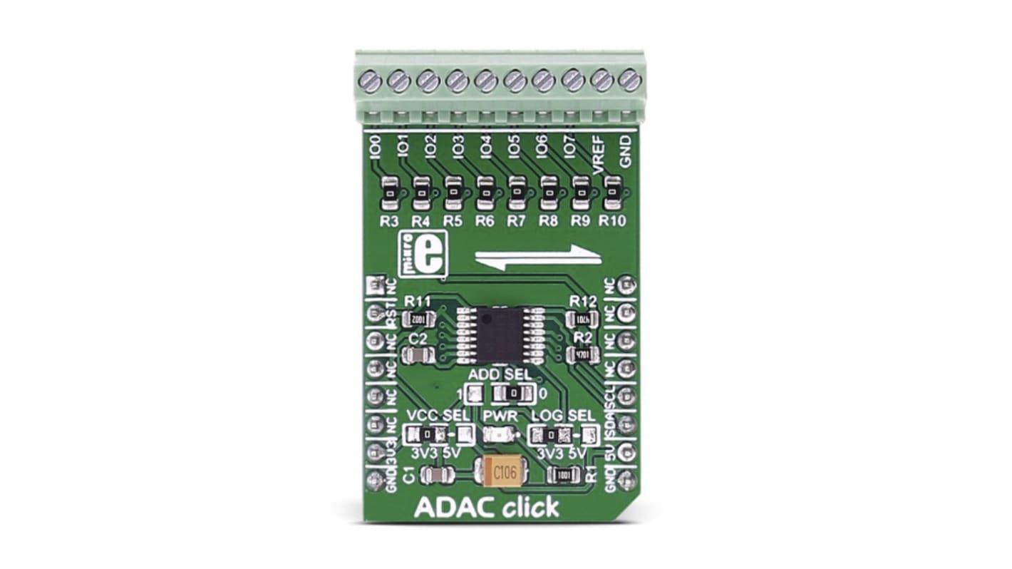 12 bit ADC, DAC, GPIO, I2C ADAC Click