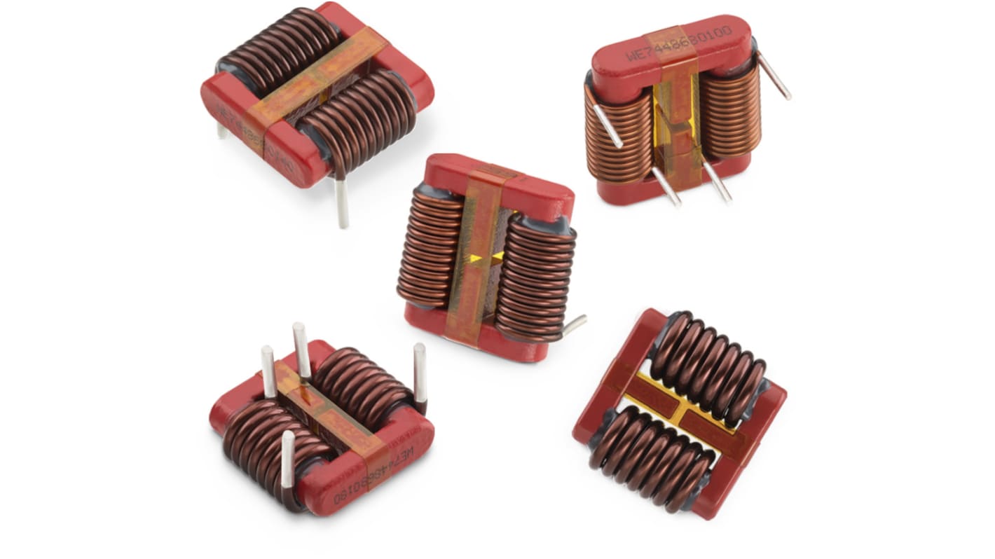 Inductores de modo común Wurth Elektronik, 6mΩ, 27.5 x 25 x 12mm, 12 A Montaje en orificio pasante, -40°C →