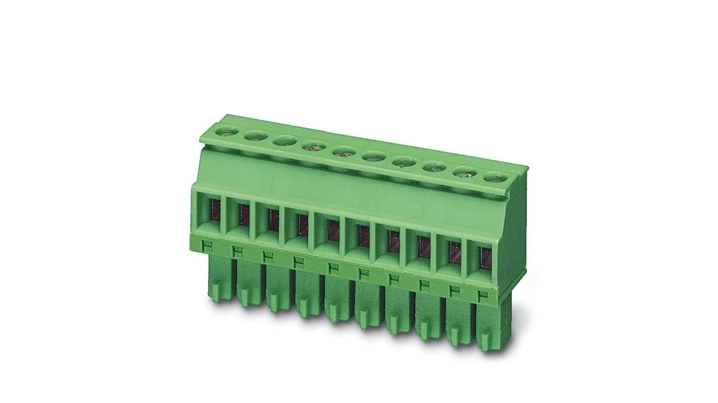 Conector de montaje en PCB Hembra Ángulo recto Phoenix Contact de 3 vías, paso 3.81mm, 8A, de color Verde, montaje de