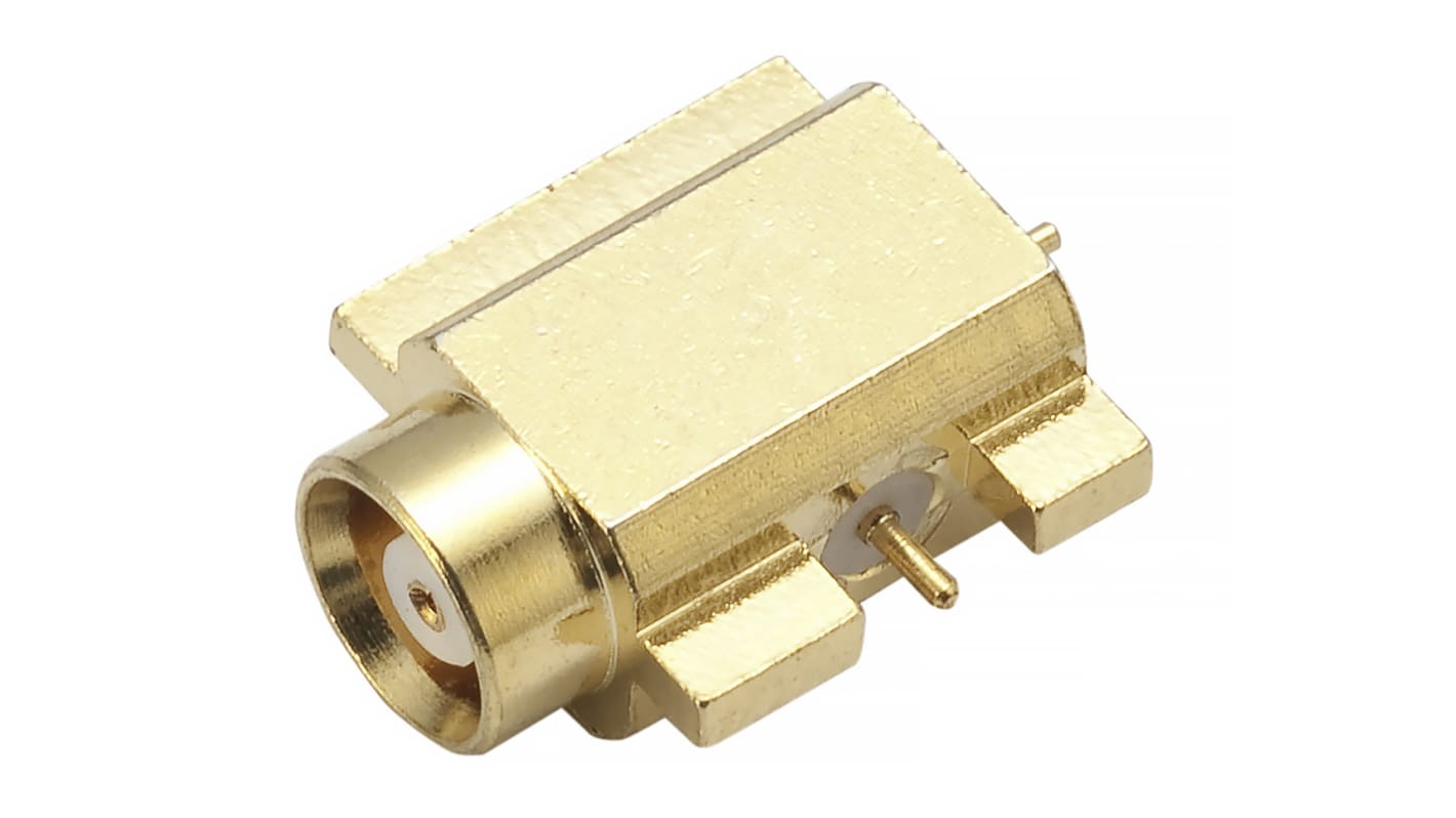 Conector coaxial RS PRO, Macho, Recta, Impedancia 50Ω, Montaje en PCB, Terminación de Soldador, 6GHz +155°C -55°C, Oro