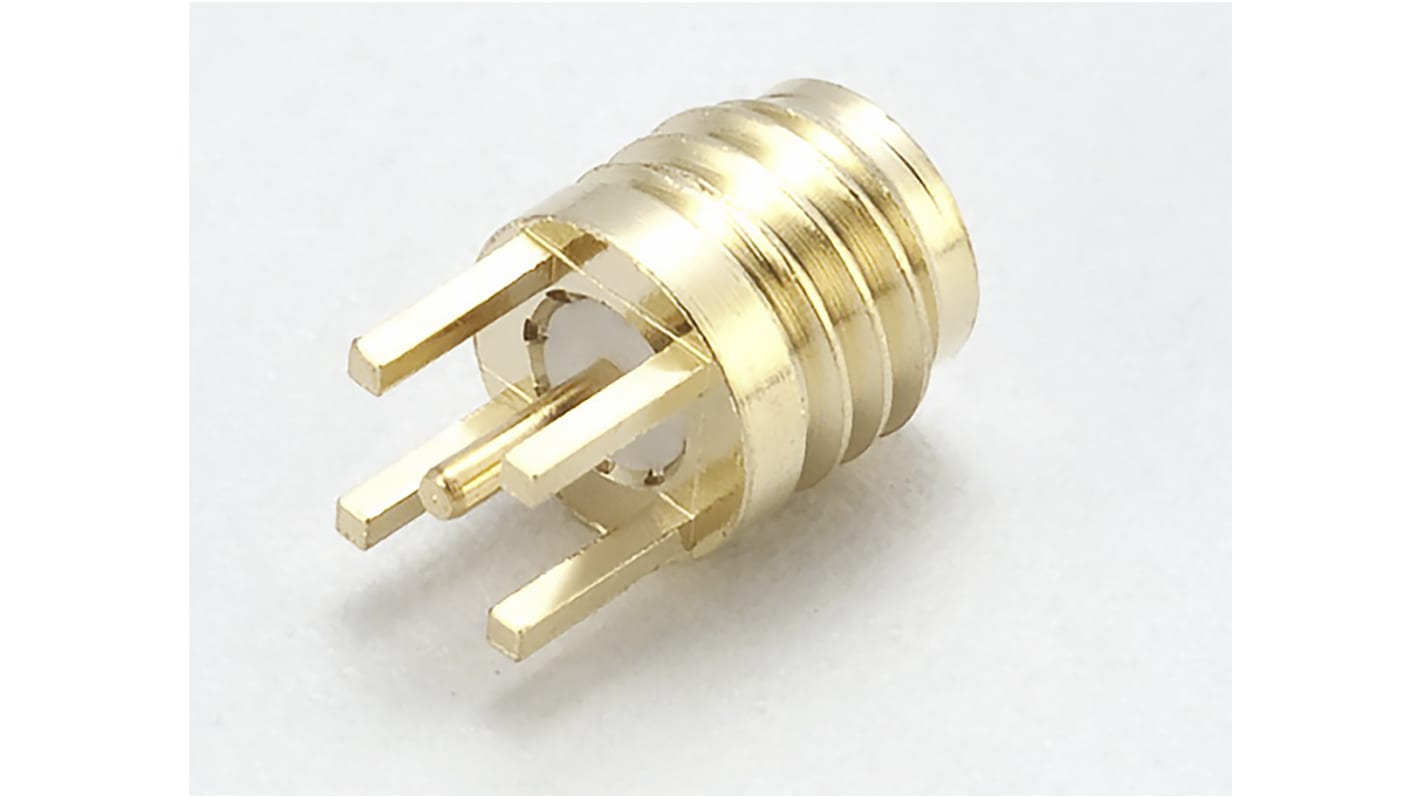 Conector coaxial RS PRO, Macho, Recto, Impedancia 50Ω, Montaje en PCB, Terminación de Soldador, 12GHz +155°C -55°C, Oro