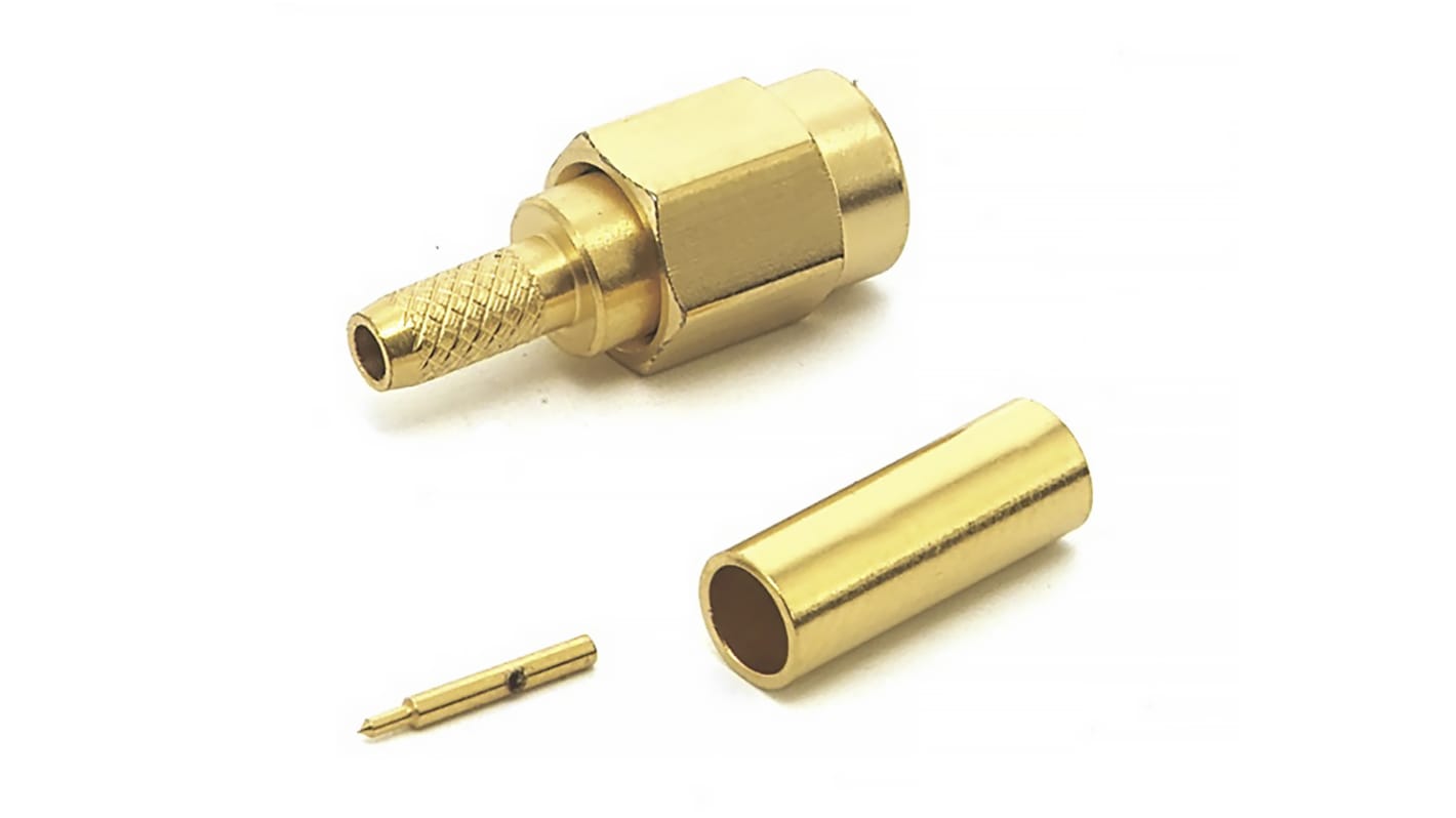 Conector coaxial RS PRO, Macho, Recto, Impedancia 50Ω, Montaje de Cable, Terminación de Crimpado, 4GHz +165°C -65°C, Oro