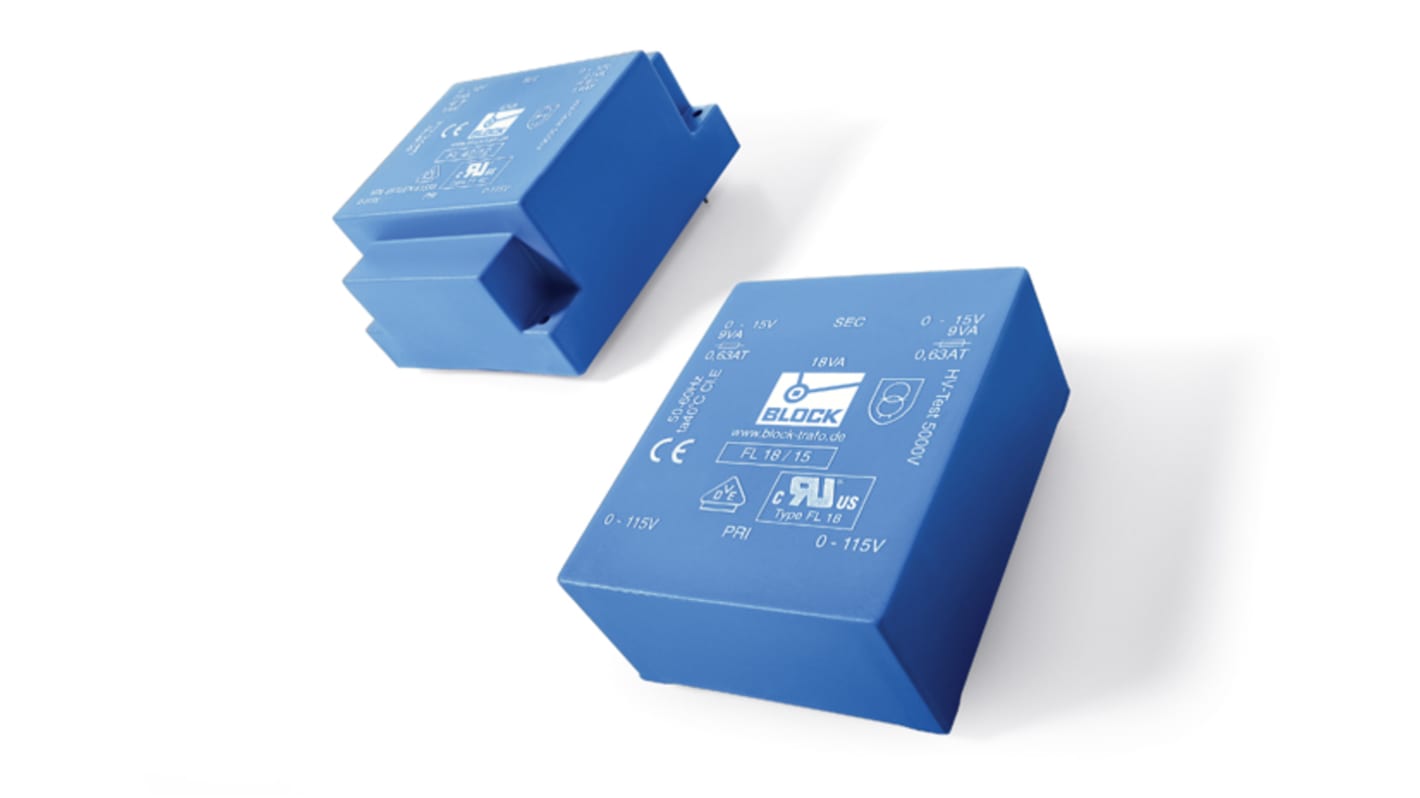 Transformateur pour circuit imprimé Block, 8V c.a., 115 V ac, 230 V ac, 6VA, 2 sorties