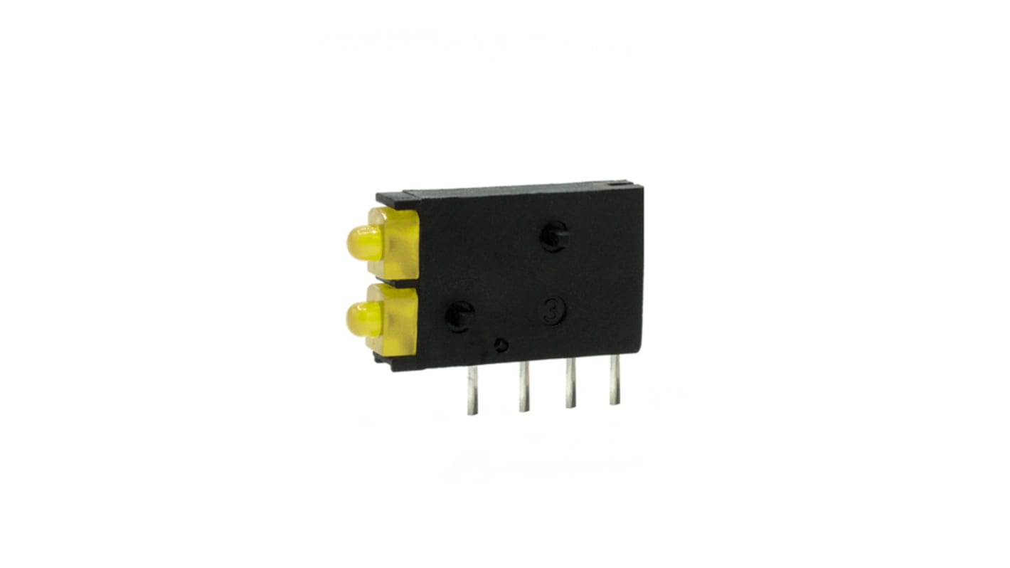 Indicador LED para PCB a 90º Dialight Amarillo, λ 585 nm, 2 LEDs, 2,1 V, 38 °, dim. 15.24 x 2.5 x 8.6mm, mont. pasante