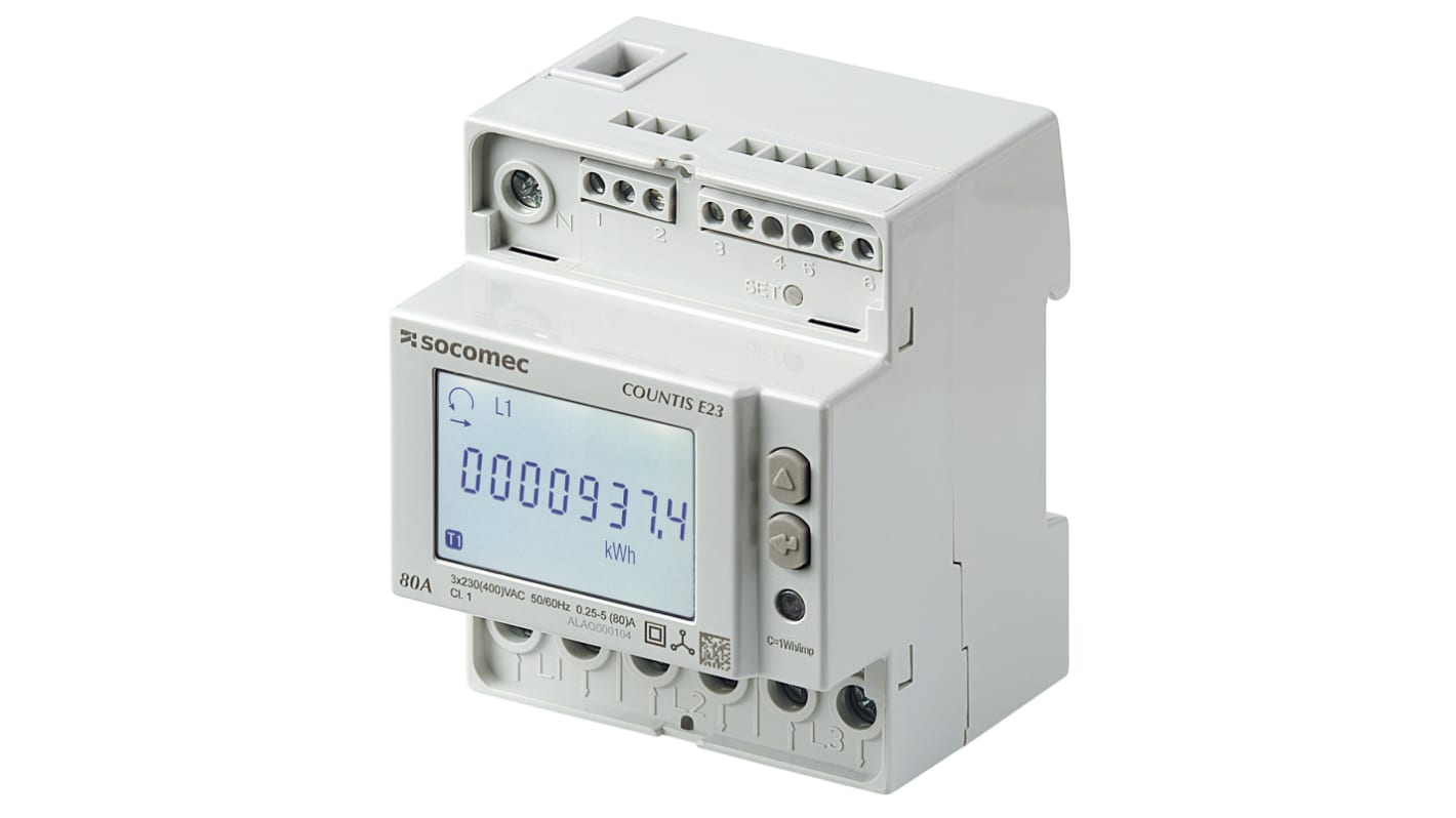 Medidor de energía Socomec, display LCD, con 8 dígitos, precisión Clase 1 (EN 62053-21), clase 2 (EN 62053-23), clase B