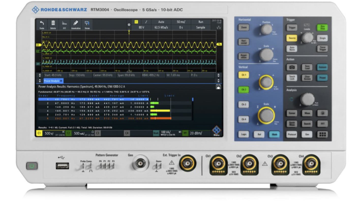 Osciloscopio de banco Rohde & Schwarz RTM3002, calibrado RS, canales:2 A, 16 D, 100MHZ, pantalla de 256.04mm, Tipo A -