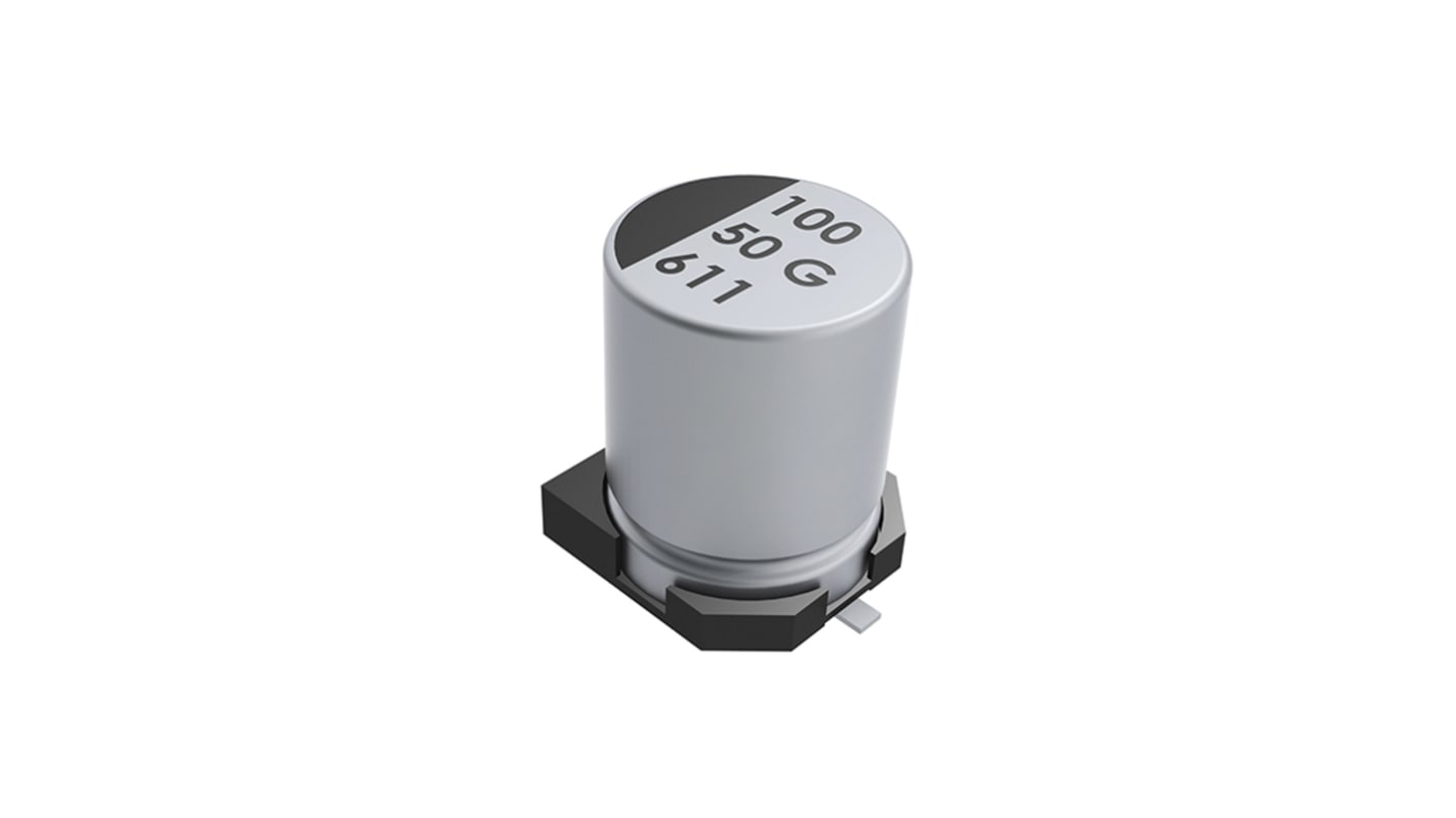 Condensador electrolítico KEMET serie EDK, 10μF, ±20%, 50V dc, mont. SMD, 6.6 x 6.6 x 5.4mm, paso 1.8mm