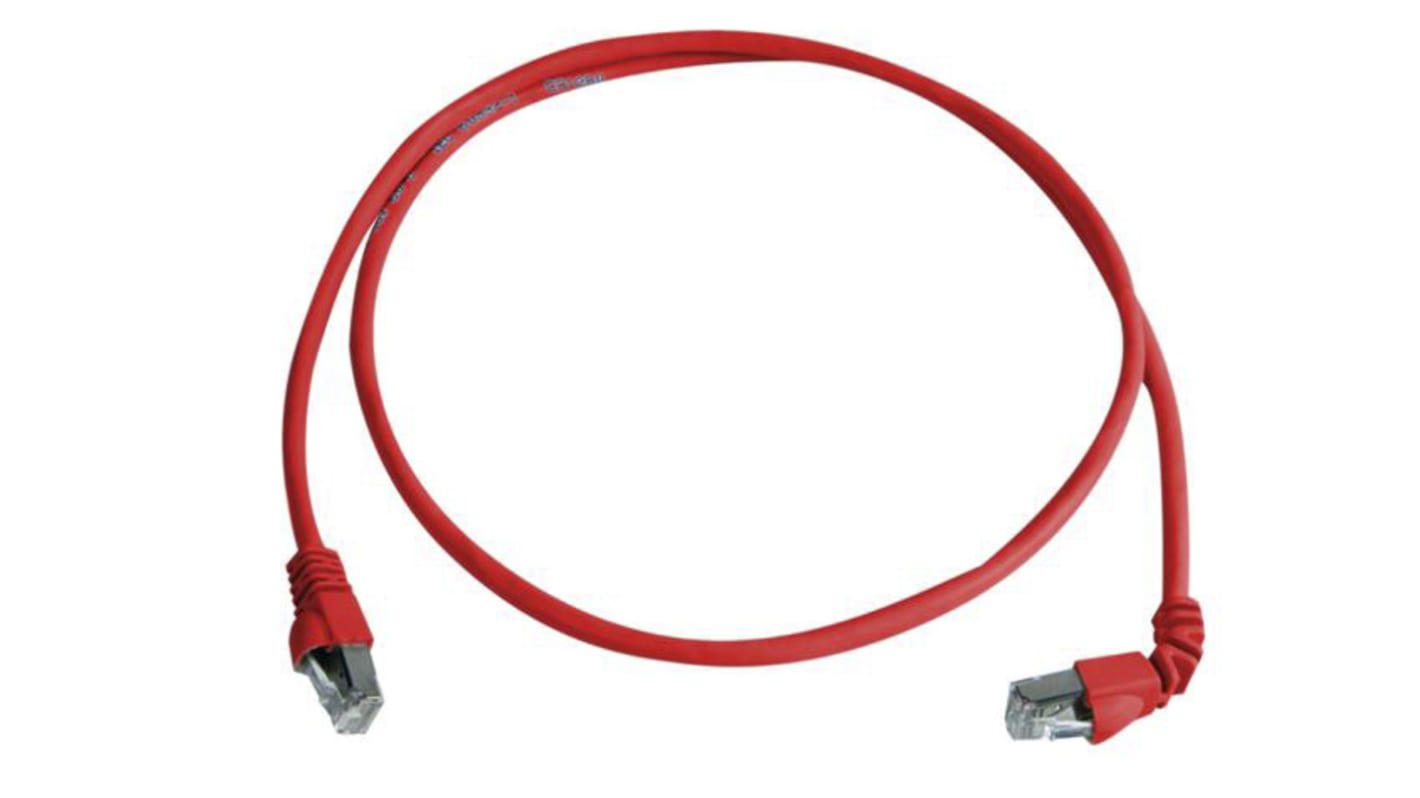 Telegartner Cat6a Right Angle Male RJ45 to Male RJ45 Ethernet Cable, S/FTP, Red LSZH Sheath, 0.5m