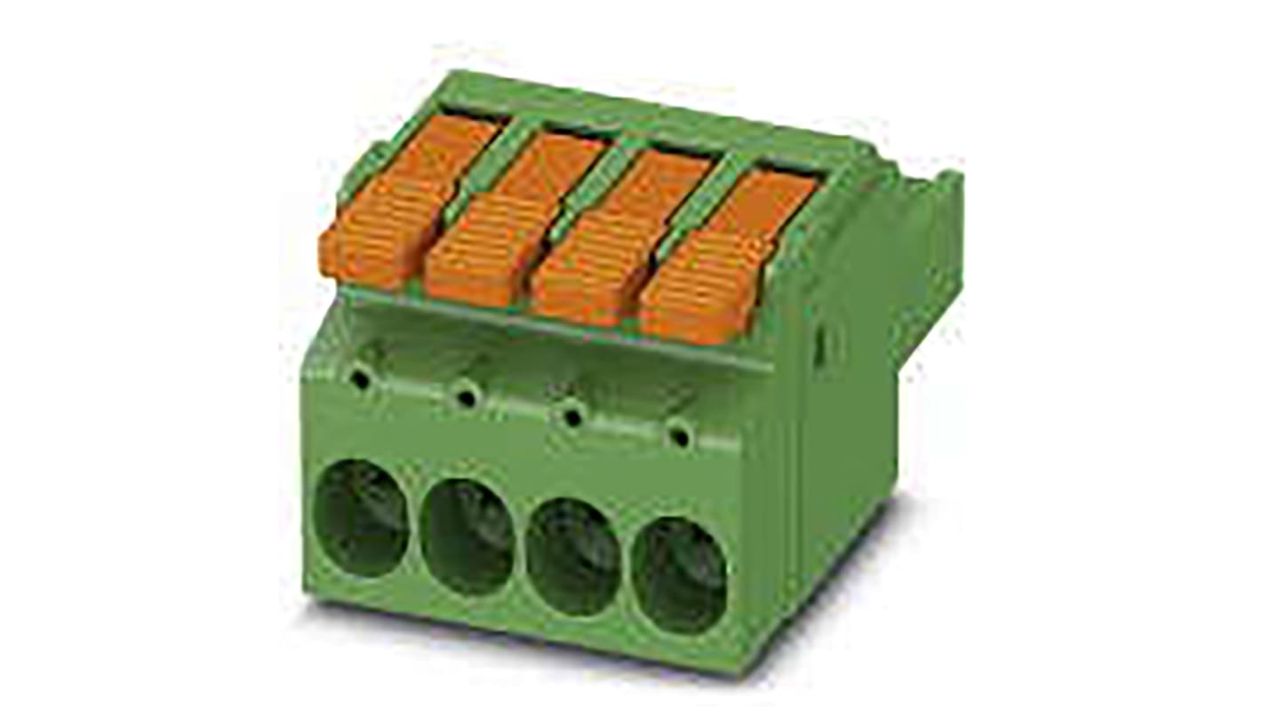 Borne enchufable para PCB Hembra Ángulo recto Phoenix Contact de 4 vías , paso 7.62mm, 41A, de color Verde, montaje de