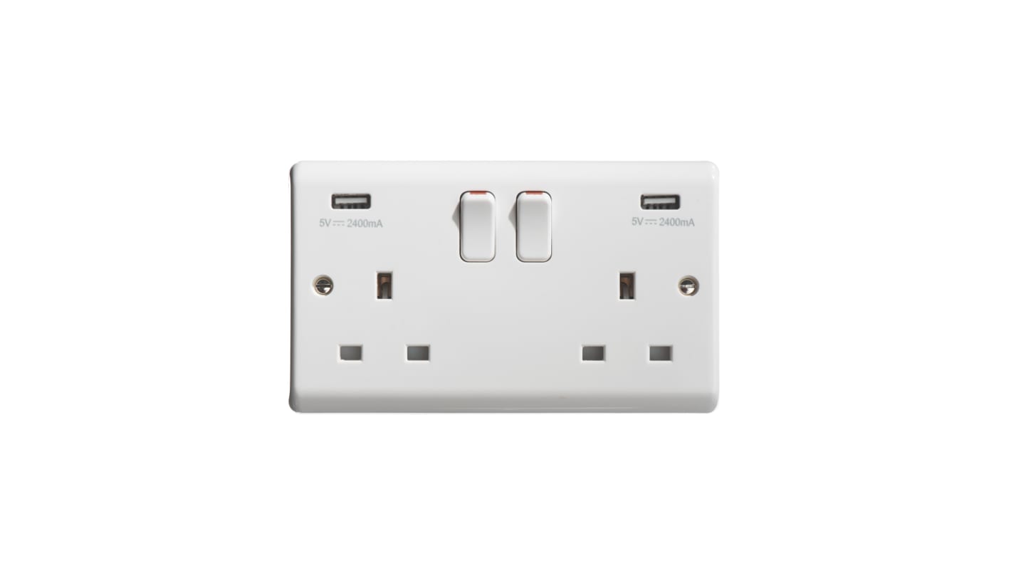 Contactum Aspire Steckdose mit Schalter Typ G – Britisch, USB Wandmontage 2-fach Innenbereich Weiß, 2-polig / 4.8A