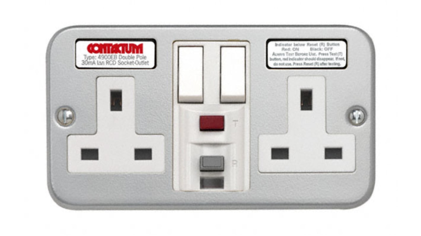 Conector hembra RCD Contactum 2 módulos, 230 V ac, 13A, IP2X con interruptor de color Gris