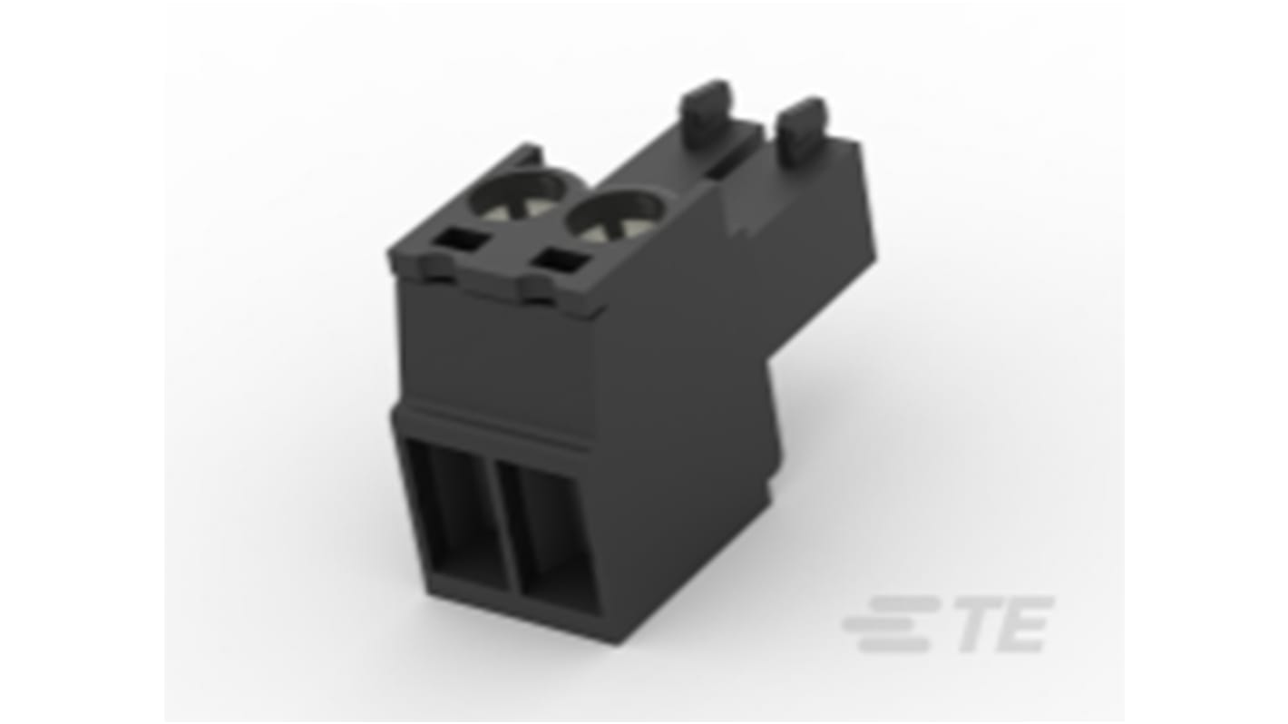 Borne enchufable para PCB Ángulo recto TE Connectivity de 2 vías , paso 3.5mm, 8A, de color Negro, montaje de cable,