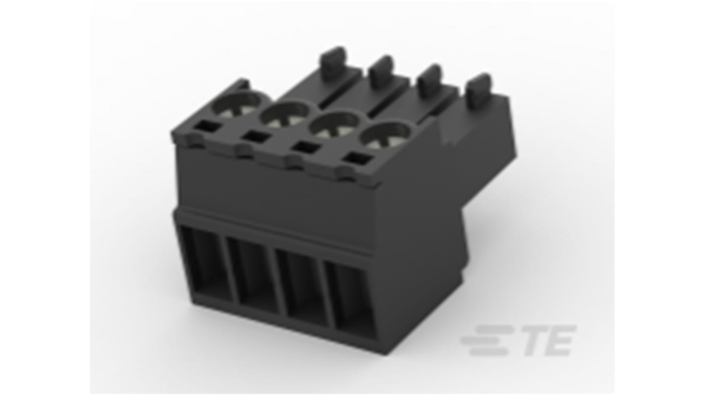 Borne enchufable para PCB Ángulo recto TE Connectivity de 4 vías , paso 3.5mm, 8A, de color Negro, montaje de cable,