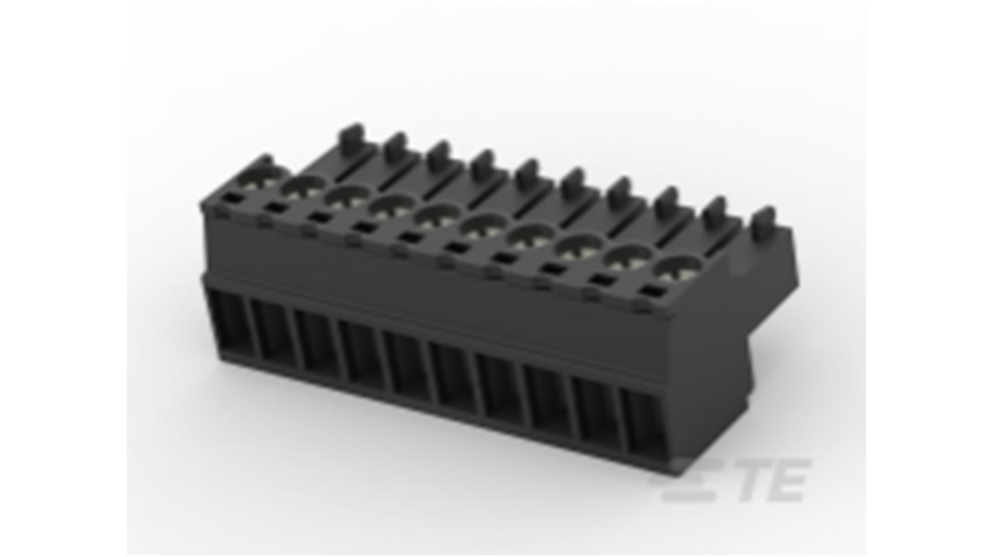 Borne para PCB Hembra Ángulo recto TE Connectivity de 10 vías , paso 3.5mm, 8A, de color Negro, montaje de cable,