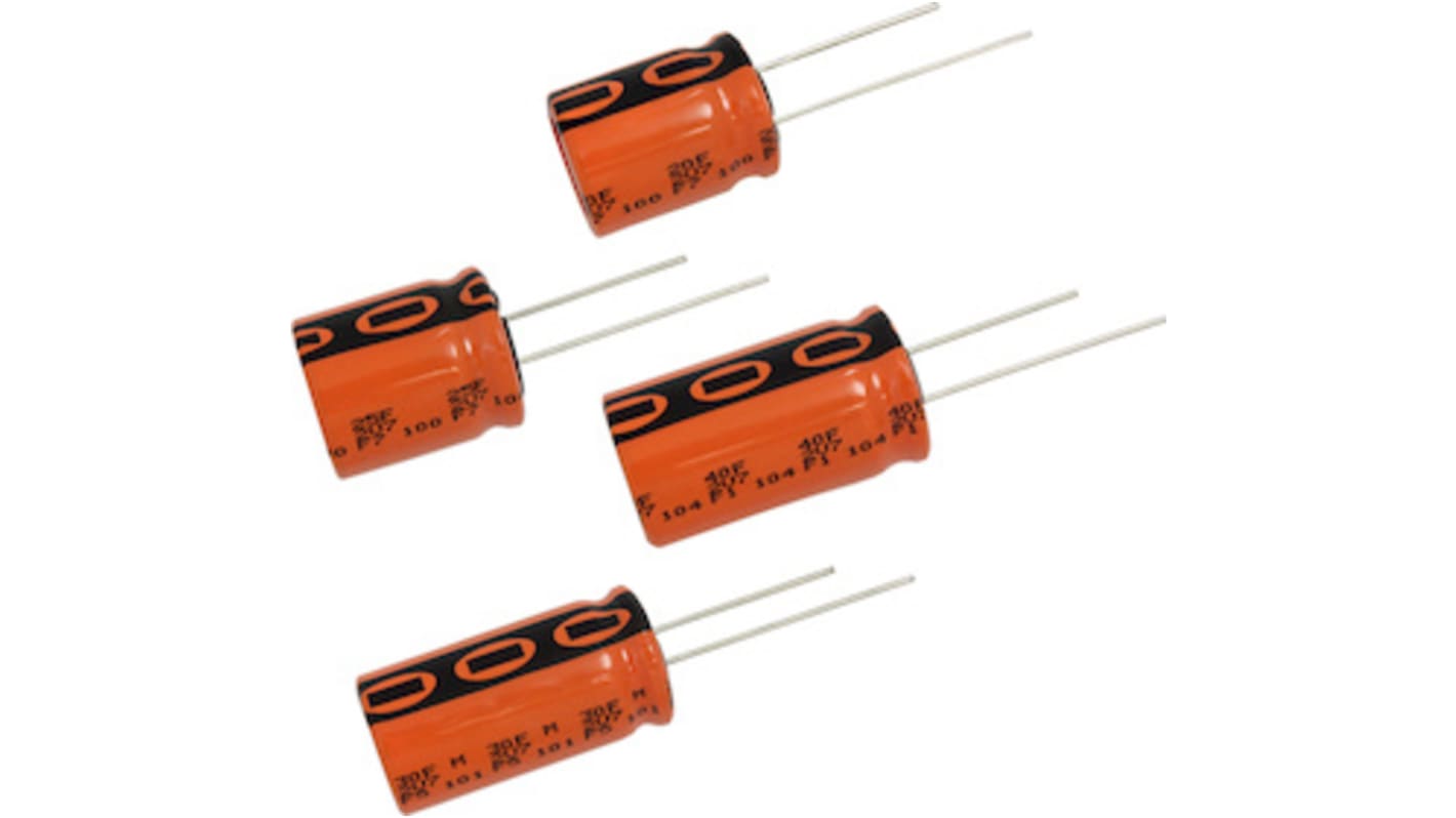 AEC-Q200 Supercondensateur, 25F, 2.7V, Traversant, 16.5 (Dia.) x 27mm, pas de 7.5mm, -40 °C → +85 °C.