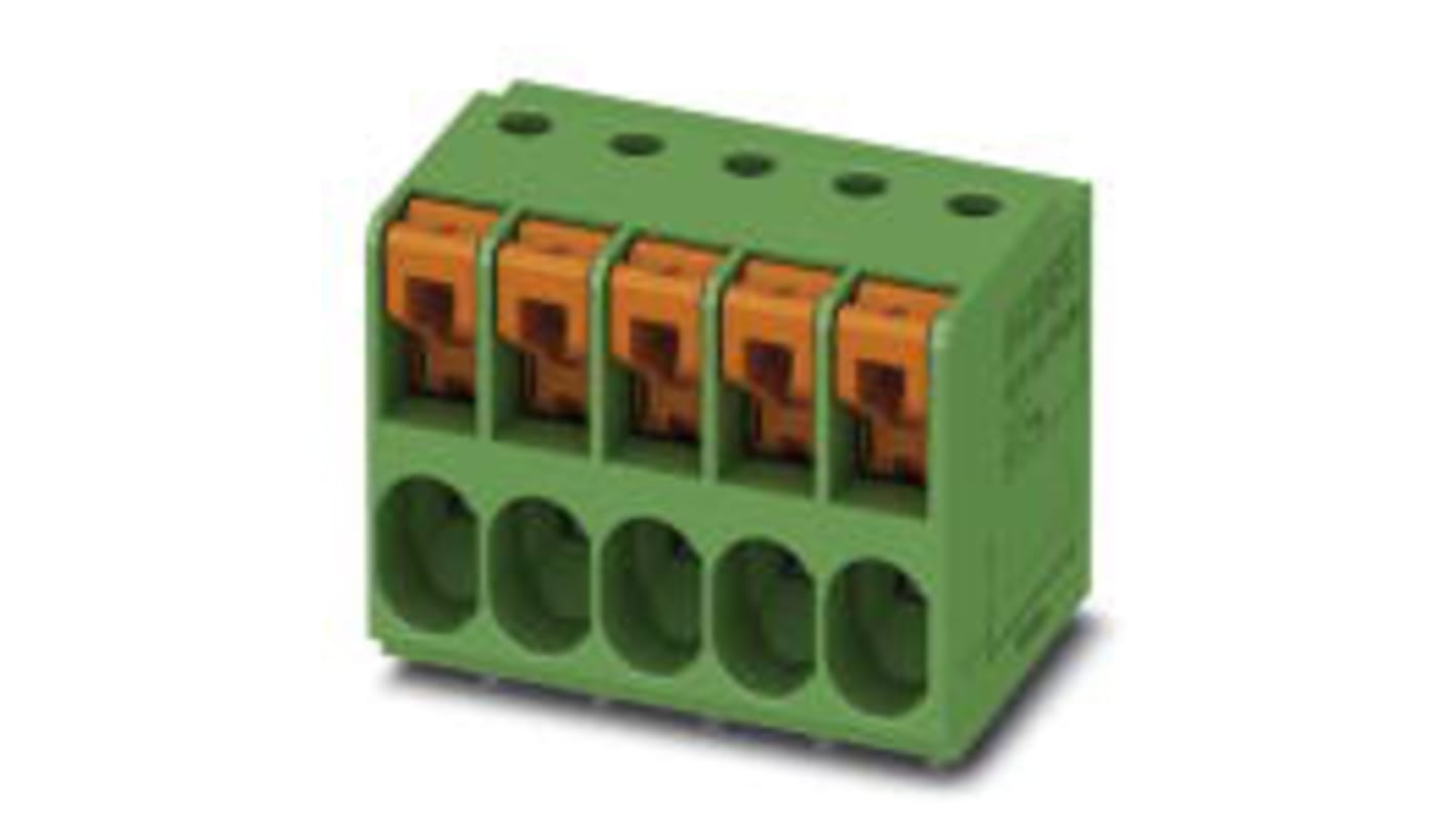 Borne para PCB Hembra Phoenix Contact de 5 vías , paso 5.08mm, 32A, de color Verde, montaje Montaje en orificio
