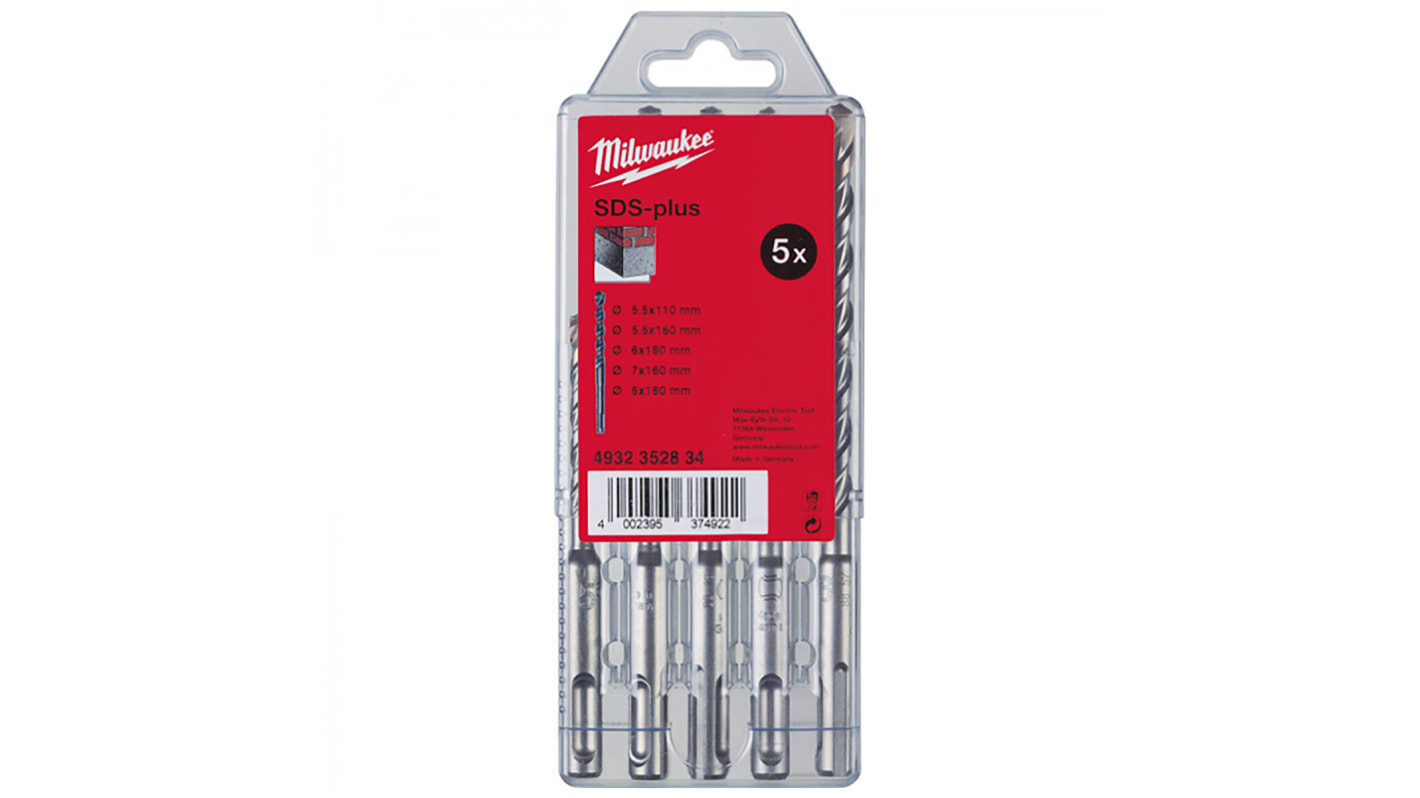 Milwaukee 5-Piece SDS Drill Bit Set for Masonry, 8mm Max, 5.5mm Min