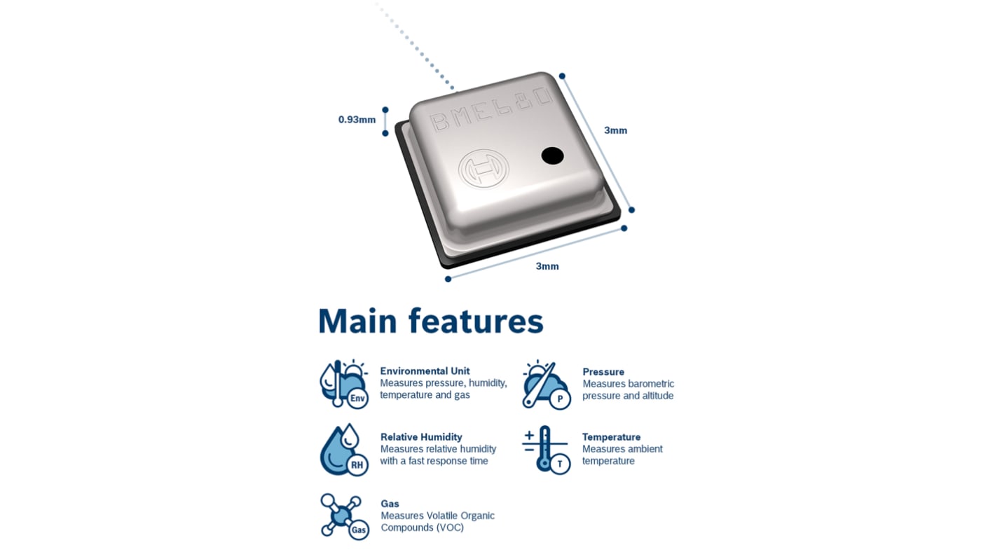 Sensor de temperatura y humedad BME680, 0.008 %RH, 0.01 °C, 0.11 %, 0.18 Pa, encapsulado LGA 8 pines, interfaz I2C, SPI