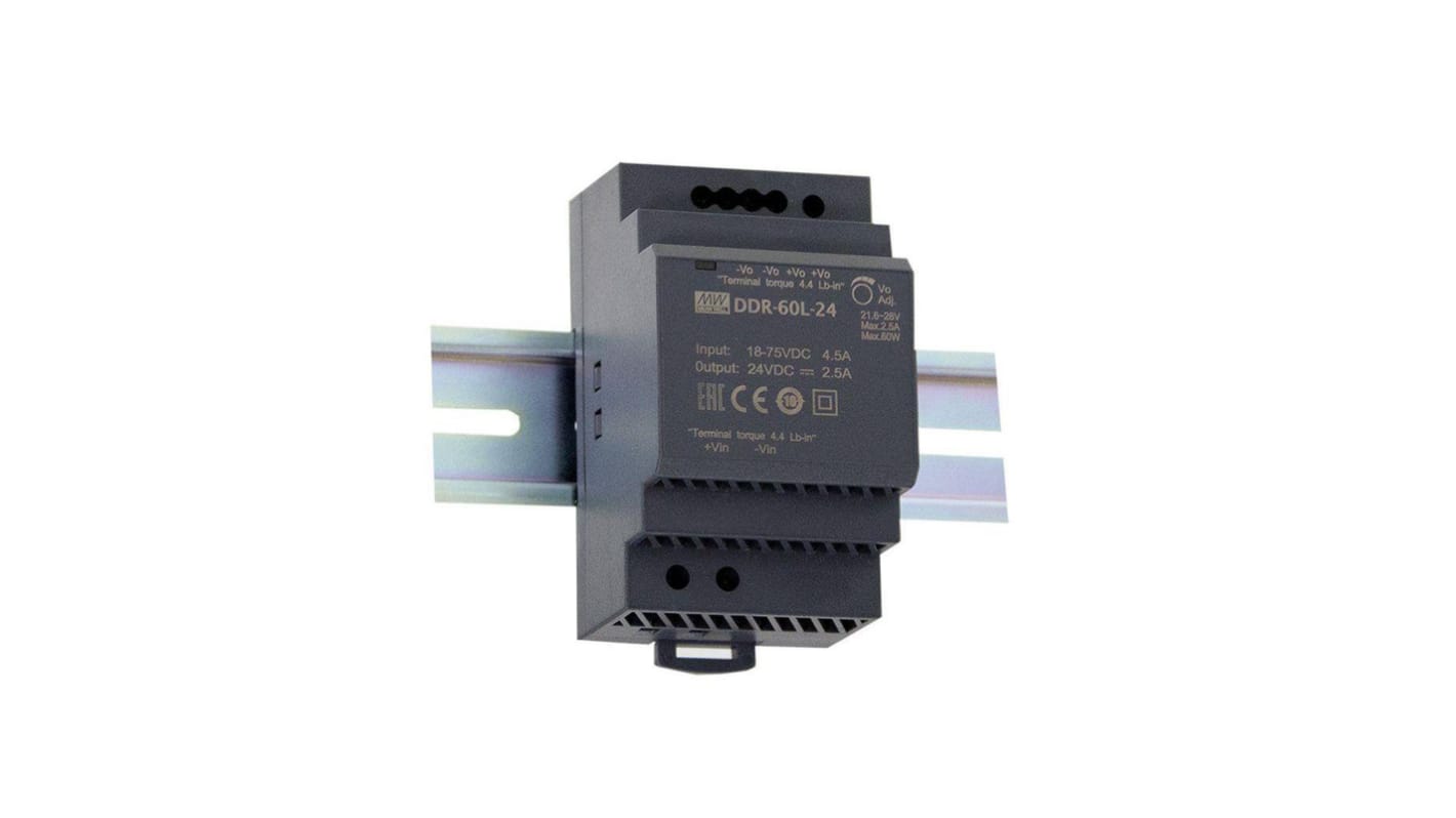 MEAN WELL DDR-60 DIN Rail Power Supply, 18 → 75V dc, 24V dc, 2.5A Output, 60W