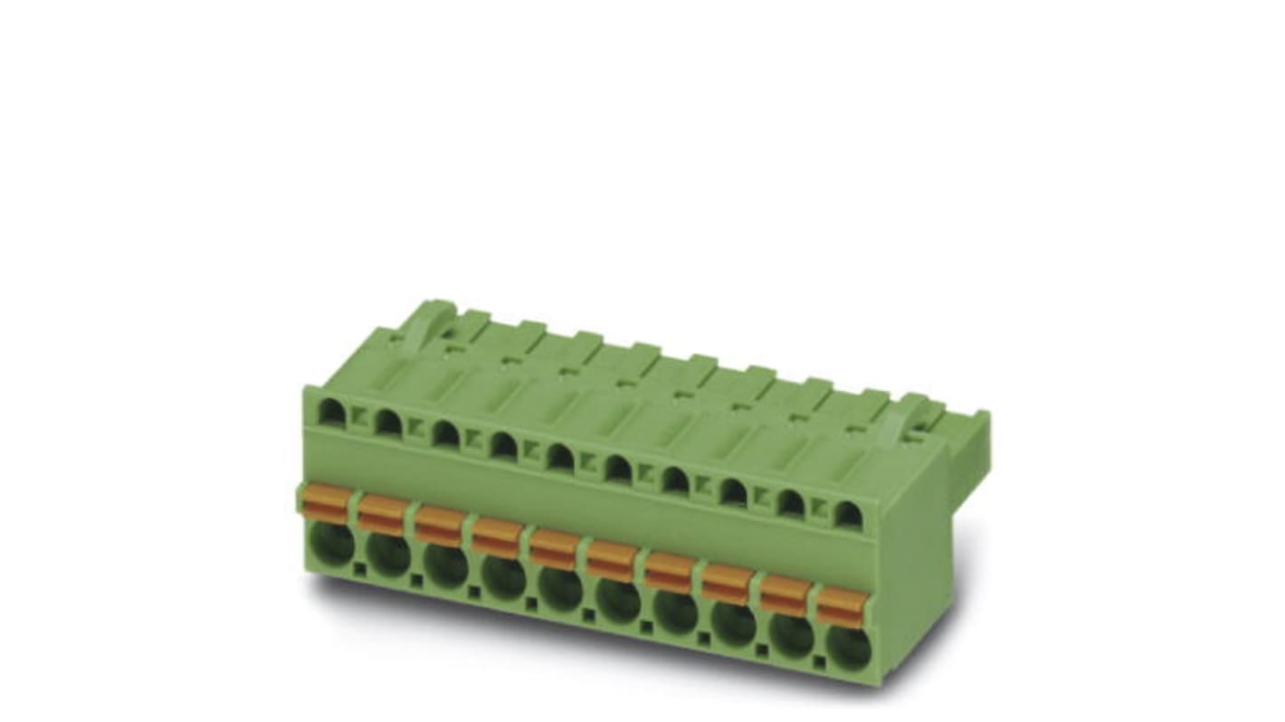 Borne enchufable para PCB Hembra Ángulo recto Phoenix Contact de 3 vías , paso 5.08mm, 12A, de color Verde, montaje en