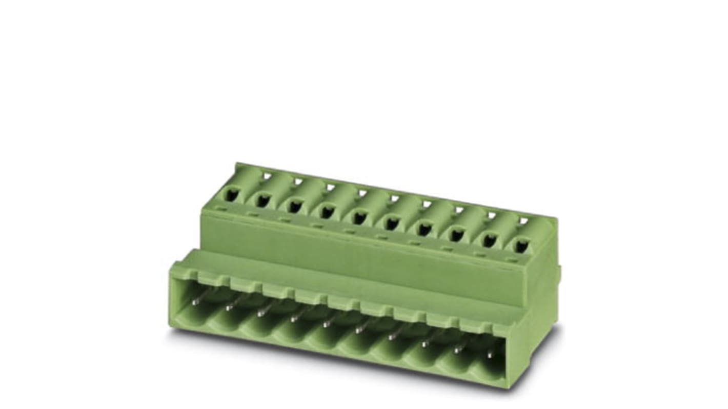 Borne enchufable para PCB Macho Ángulo recto Phoenix Contact de 3 vías , paso 5.08mm, 12A, de color Verde, montaje en