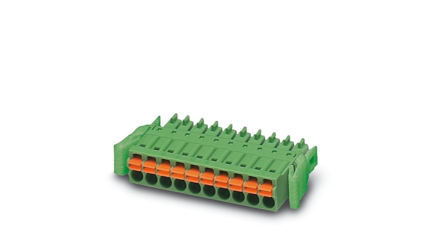 Borne enchufable para PCB Hembra Ángulo recto Phoenix Contact de 4 vías , paso 3.5mm, 8A, de color Verde, montaje en