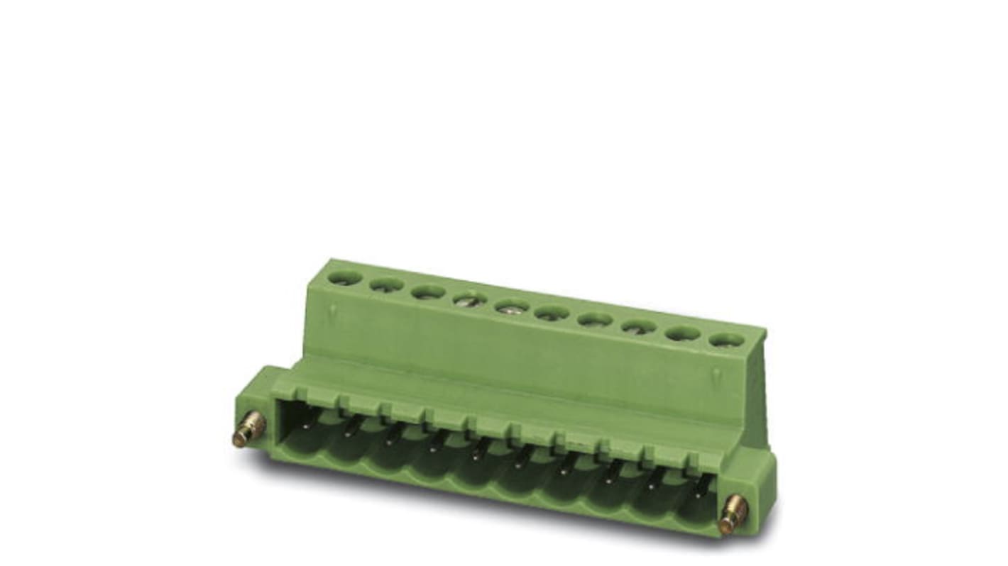 Borne enchufable para PCB Macho Ángulo recto Phoenix Contact de 3 vías , paso 5.08mm, 12A, de color Verde, montaje de