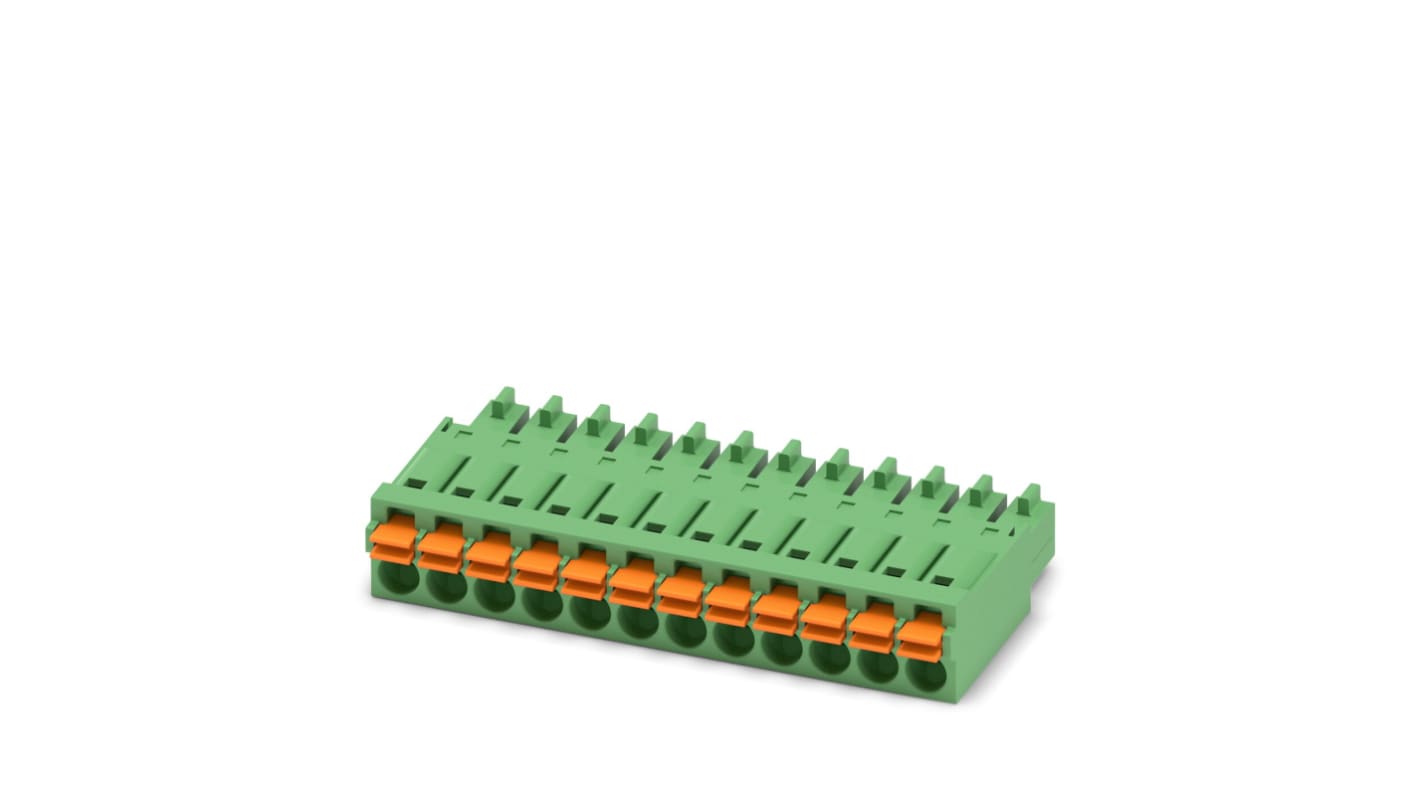 Borne enchufable para PCB Hembra Ángulo recto Phoenix Contact de 12 vías , paso 3.5mm, 8A, de color Verde, montaje en